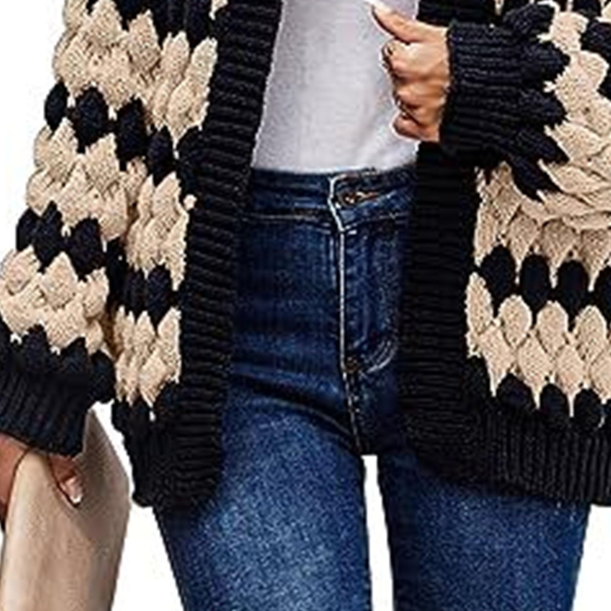 Women's Chunky Knit Open Front Sweater Lightweight Winter Color Block Coats Long Sleeve Loose Cardigan Outerwear (Medium,Apricot)