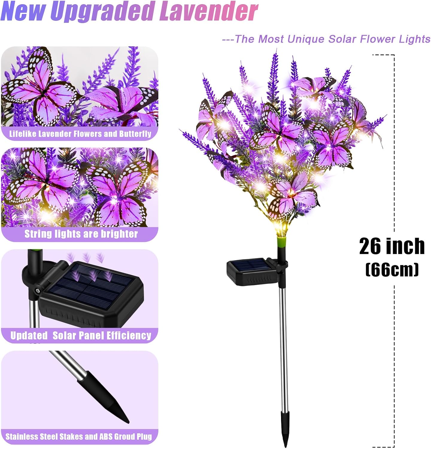 NBQQ Solar Garden Lights Outdoor 4 Pack Lavender Butterfly Lights, Solar Artificial Flower Outdoor Waterproof Decoration Gardening Gifts for Women, Yard Patio Pathway Lawn Courtyard Decoration