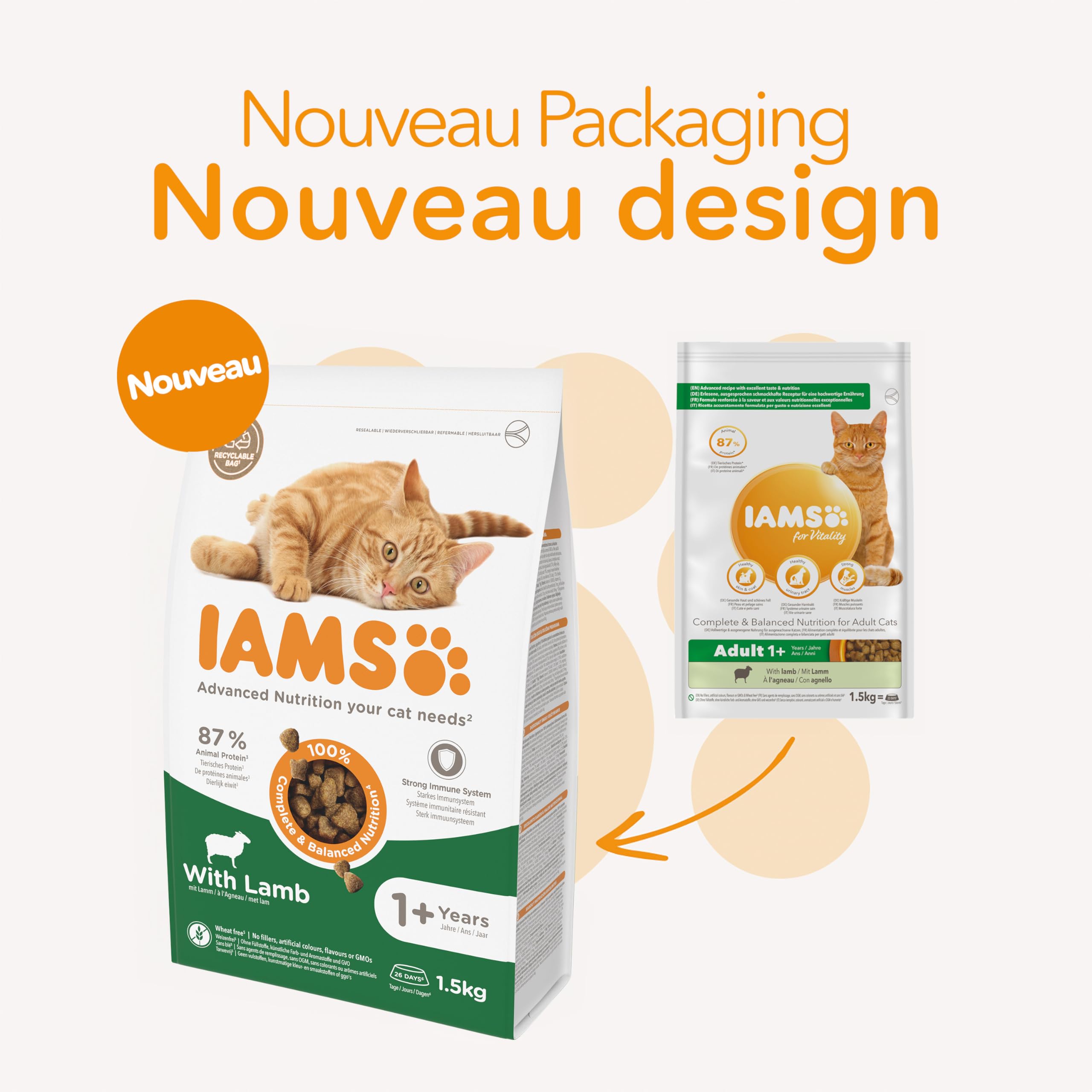IAMS Vitality - Croquettes Premium Chats Adultes 100% Complètes Et Ã‰quilibrées - A L'Agneau - Sans OGM Colorant Arôme Artificiel - Sac Refermable 1,5