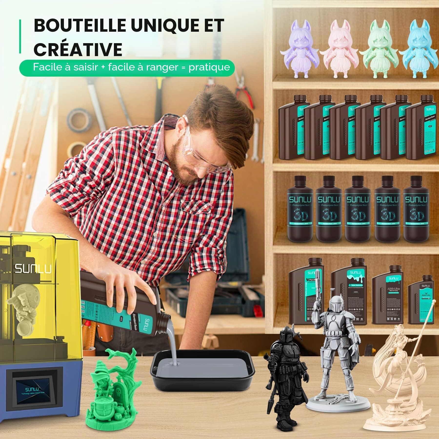 SUNLU Résine standard 2 kg Faible rétrécissement Durcissement rapide Résine UV 365-405 nm Pour imprimantes 3D LCD/DLP/SLA 2000 g Gris