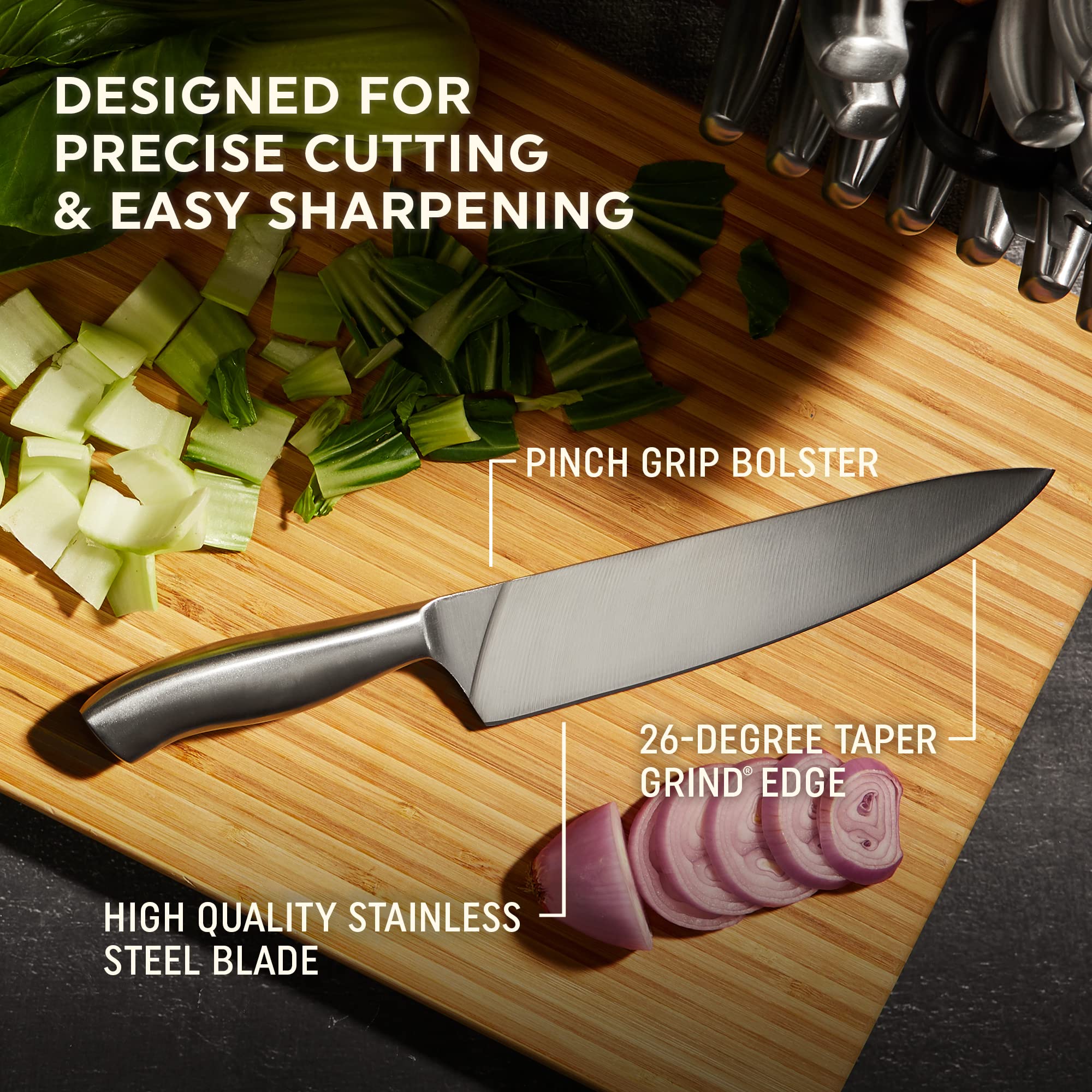 Chicago Cutlery Insignia Steel - Juego de cuchillos de cocina (18 piezas) y afilador integrado, asas ergonómicas contorneadas y afiladas, juego de cuchillos de chef profesionales de acero inoxidable y