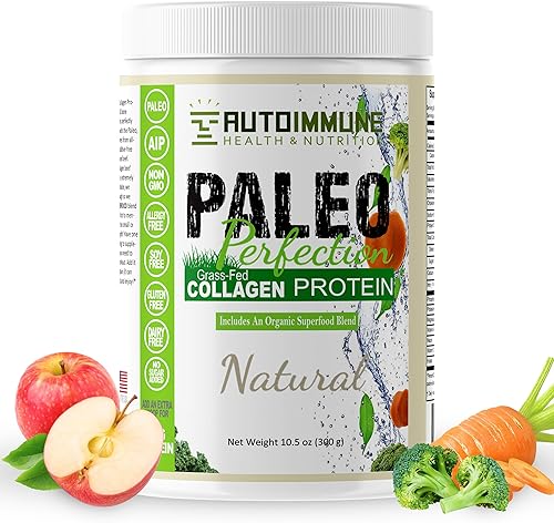 Paleo Perfection - Polvo de proteína de colágeno de carne de res alimentada con pasto natural para hombres y mujeres con fibra de manzana,