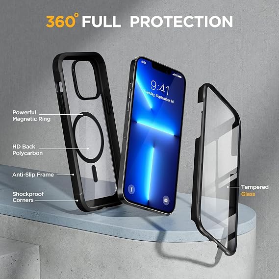 Miracase for iPhone 13 Pro Case 6.1,Built-in Glass Screen Protector,Black