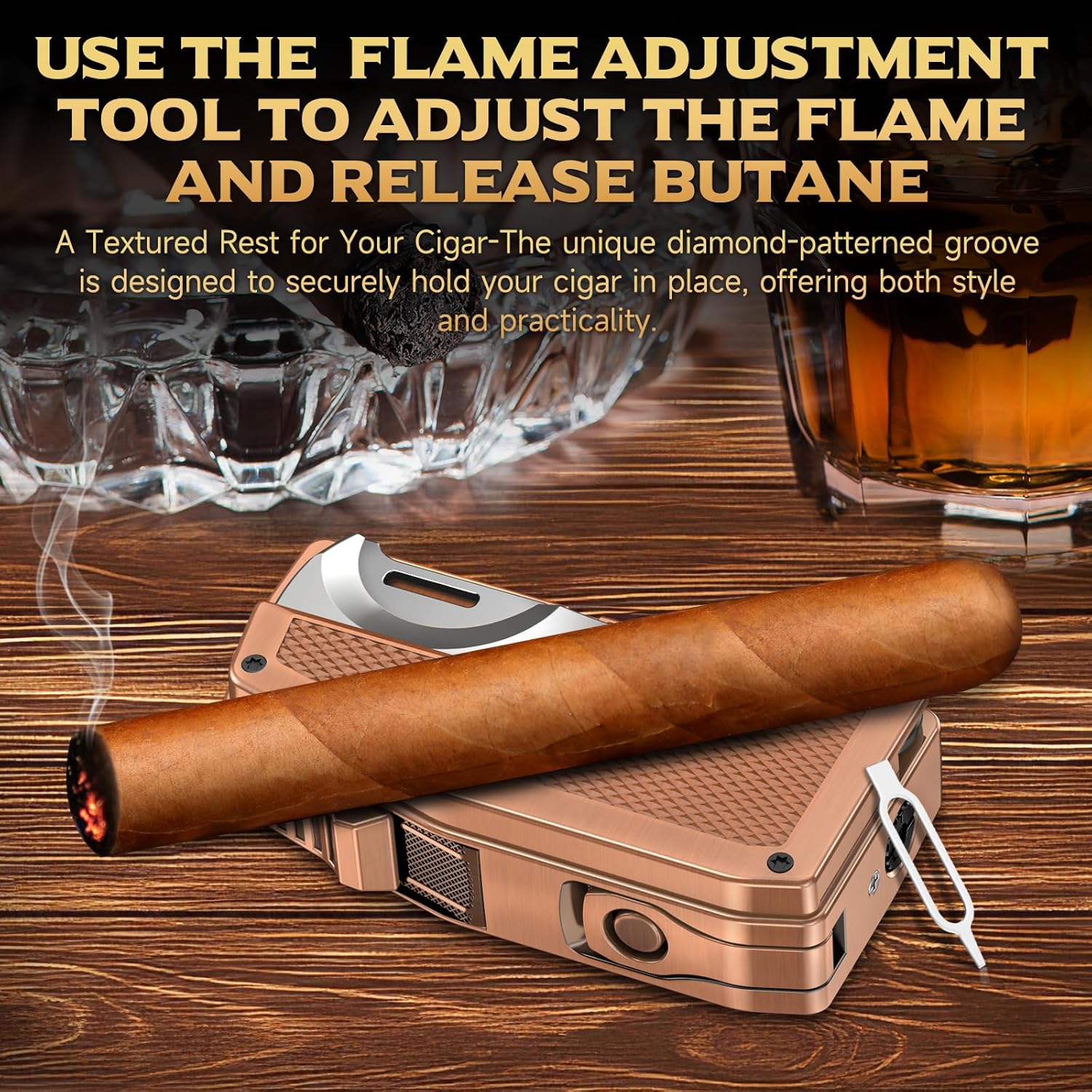 Cigar Torch Lighter with Cutter & Punch, 3 in 1 Butane Lighter Built-in Scissors, Refillable Windproof Dual Flame Lighter with Fuel Gauge, Gift for Men