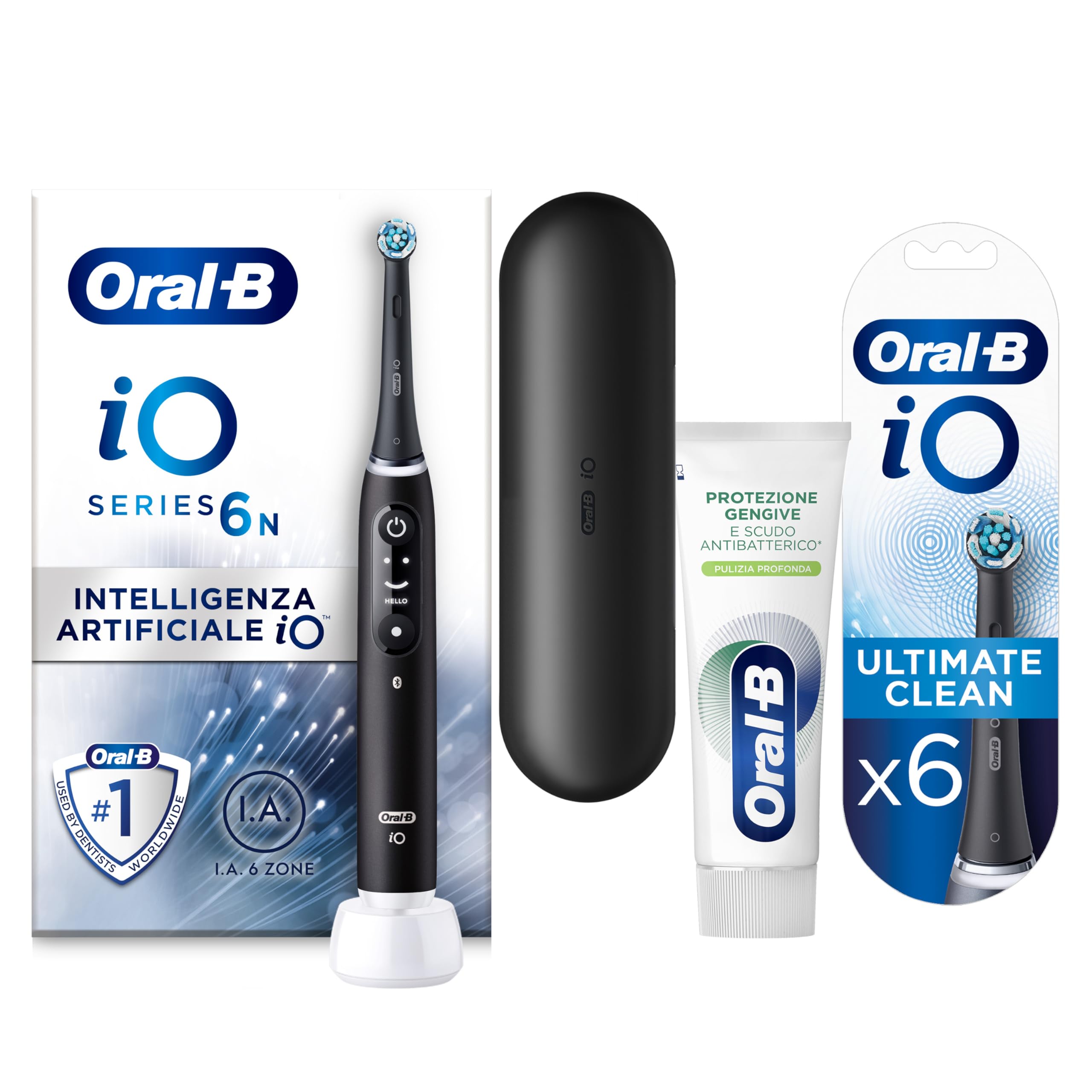Oral-B Spazzolino Elettrico iO6, Ultimate Clean Testine e Dentifricio, Pulizia Profonda, 1+6 Testine, Sensore di Pressione, 5 Modalità di Spazzolamento, Custodia da Viaggio, Nero, Idea Regalo