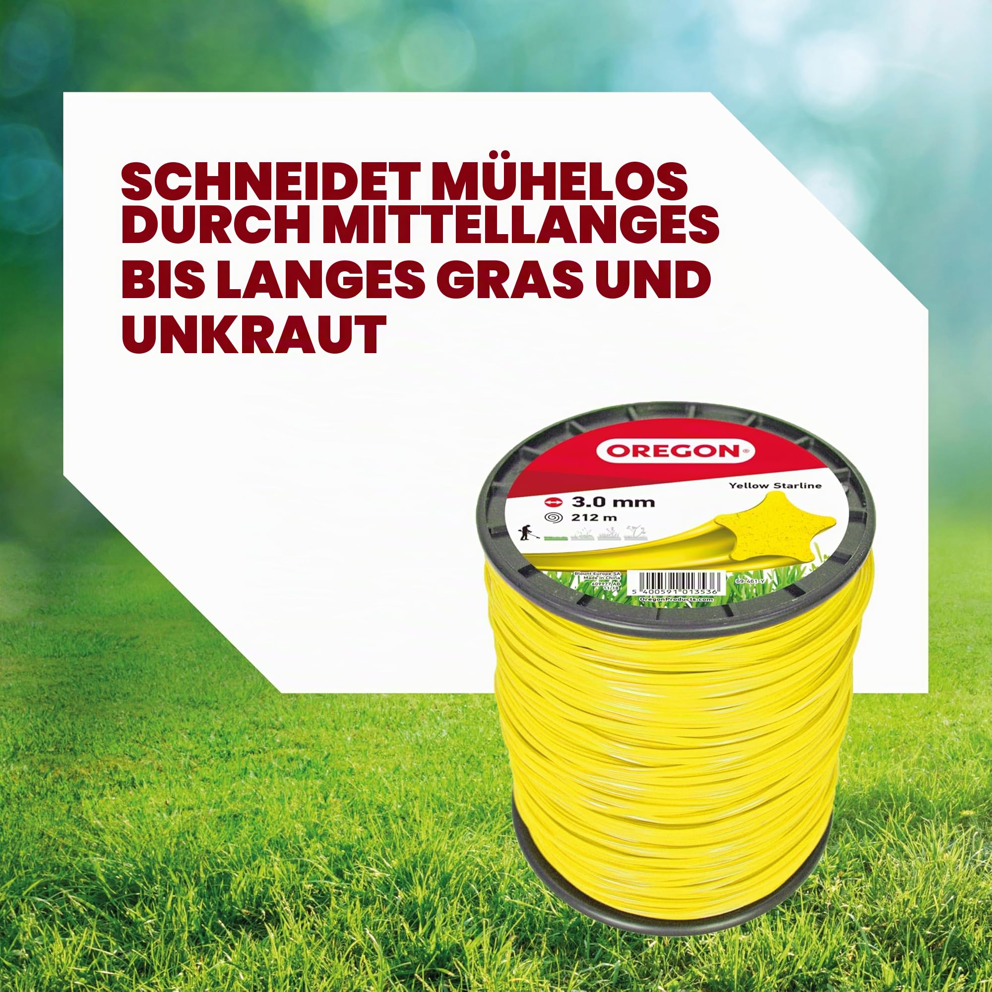 Oregon Sternförmiger Mähfaden 3 mm, Gelb, Für hohes Gras, Unkraut, Rasen und dichte Vegetation, Robuster Profi-Nylonfaden, Für die meisten Rasentrimmer, 3,0 mm x 212m (69-461-Y)