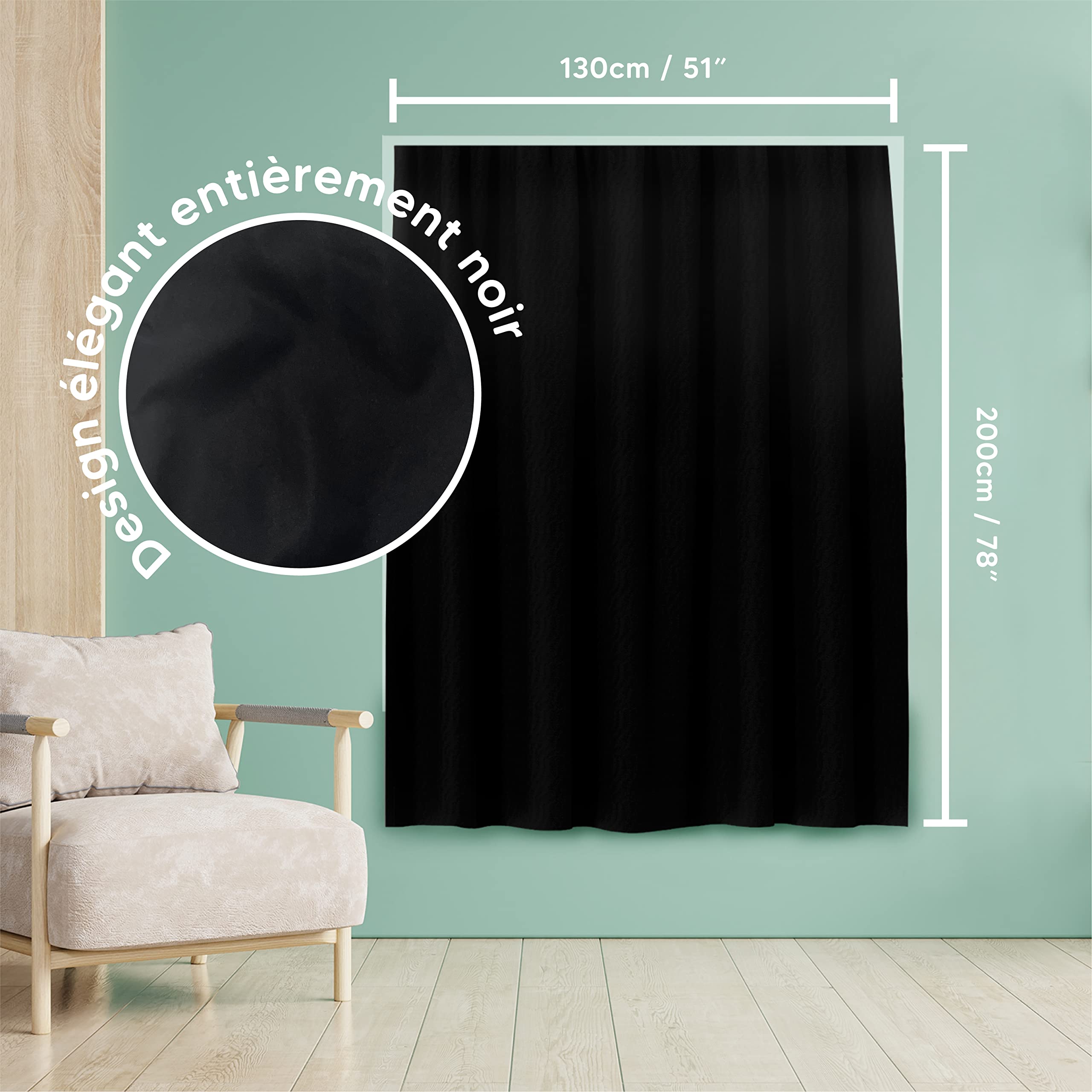Aycorn Rideau Occultant avec Ventouses, Portable, Ajustable et Amovible, 130x200 cm - Stores d'occultation sans perçage et Attaches Velcro pour Chambre, Salon et Voyage - Noir