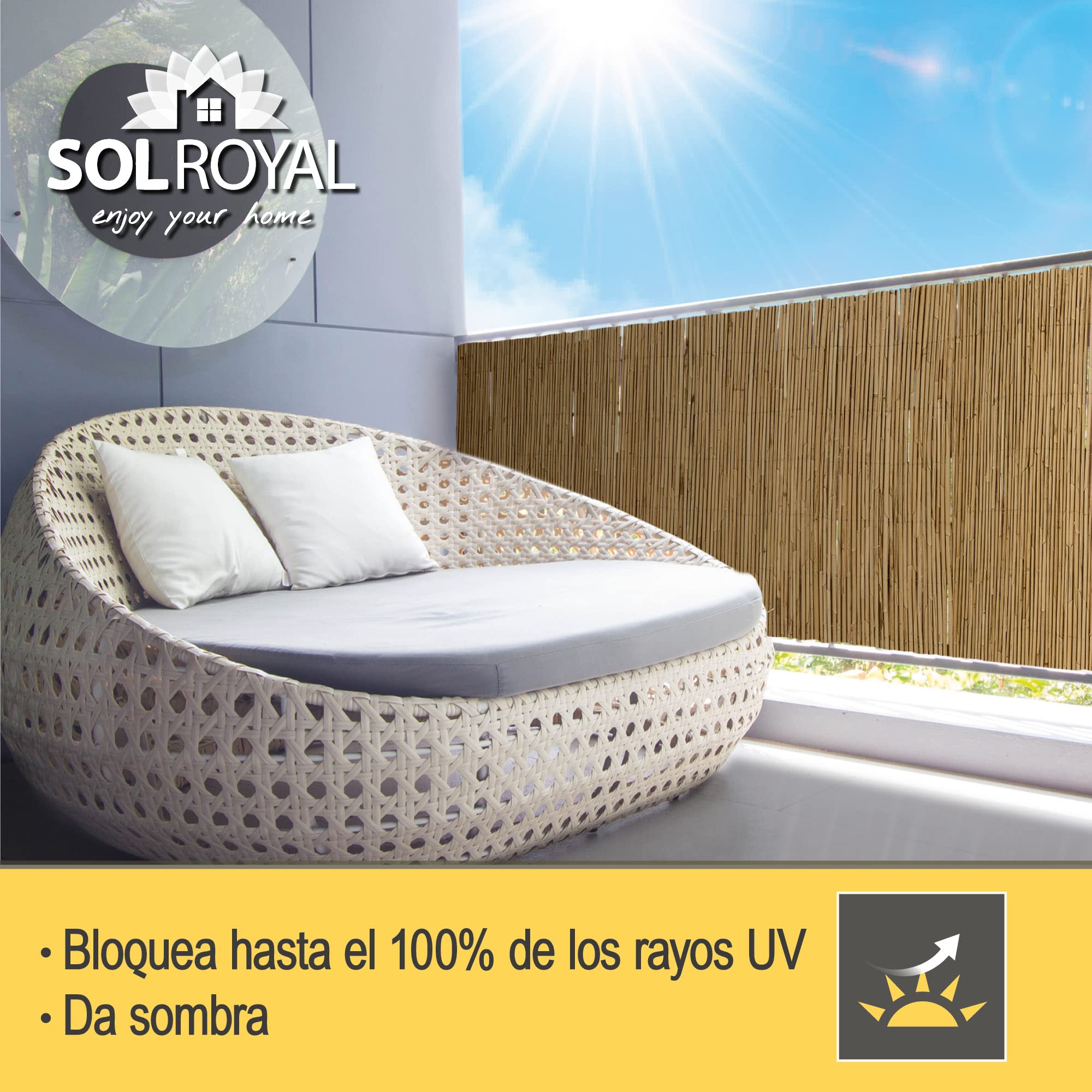 Sol Royal estera jardín de caña natural junco protección visual balcones | 140x600cm (A x L) para valla o balcón terrazas barandas privacidad cañizo pantalla interior exterior SolVision S36