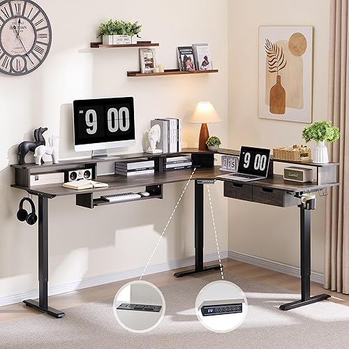 Miniatura 7 de RedLemon Escritorio eléctrico de pie en forma de L de 75 x 60 pulgadas, escritorio de esquina ajustable en altura con cajones, bandeja para teclado,