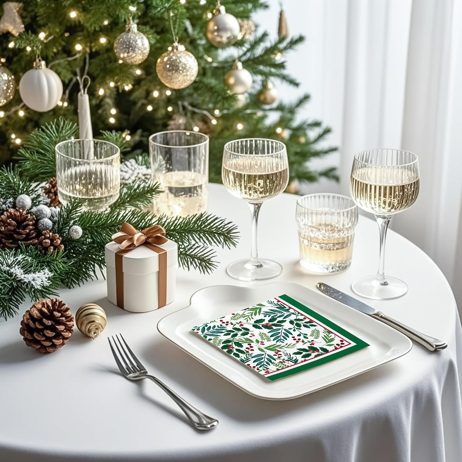 WRAPAHOLIC 50Pcs Christmas Seasonal Holly Paper Napkins - 3-Ply Disposable Cocktail Napkin for Christmas Party Supplies Tableware, Xmas Holiday Party Decorative Towels - 5 x 5 In