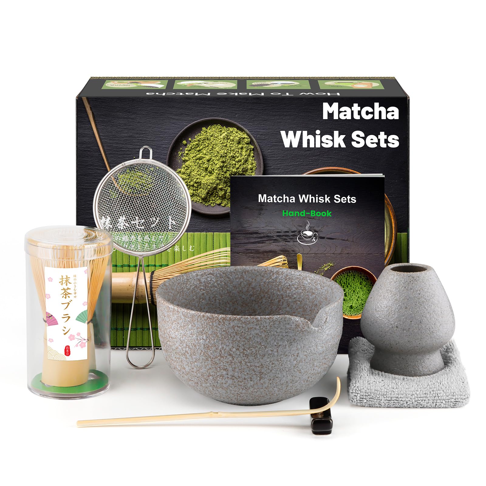Muexoee 7 Pcs Matcha Set,Matcha Tea for Making Breakfast/Latte,Whisk Set and Bowl with All Accessories，Authentic Tea Ceremony，Grey-White Bowl, Bamboo Stirrer