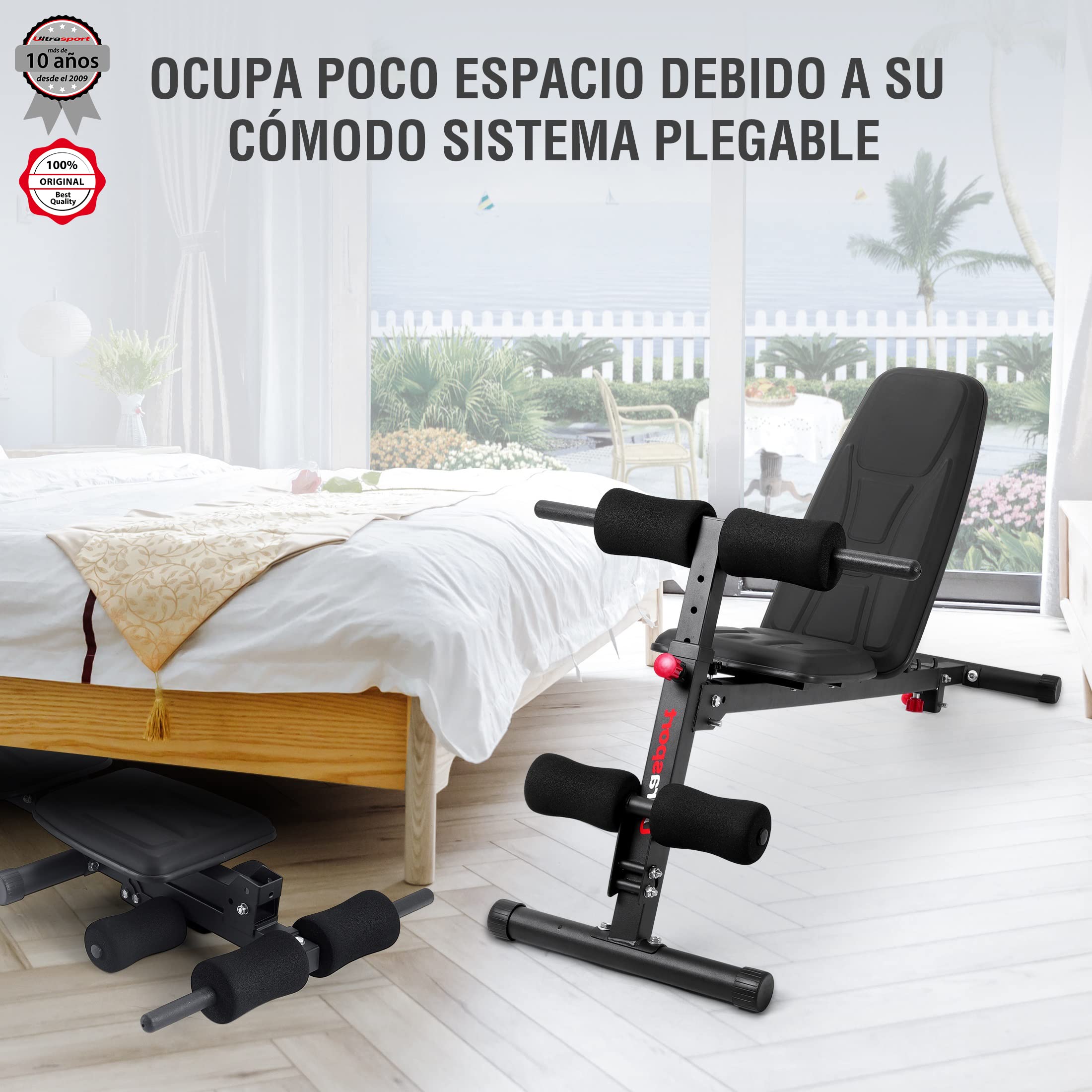 Ultrasport banco de pesas, multifuncional, plegable, banco plano, banco de abdominales, ajustable en 18 posiciones, repelente al agua, entrenador de abdominales, capacidad de carga hasta 500 kg