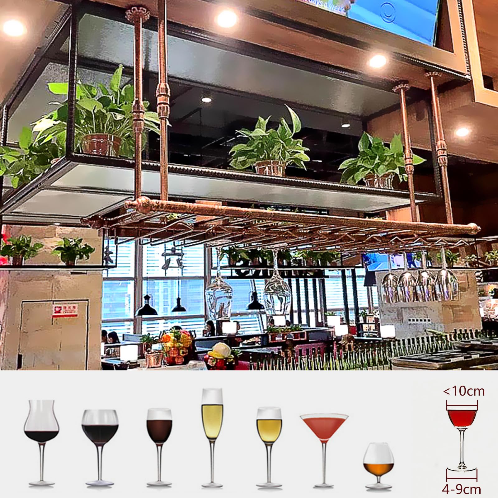 Soportes para Copas y Botelleros Colgante de Metal, Altura Ajustable Porta Bottiglie da Vino, Cuelga Copas con Invertido Tallo para Barra Bar/Club/Armarios para Vino (BR, 80x30x(30-60) cm)