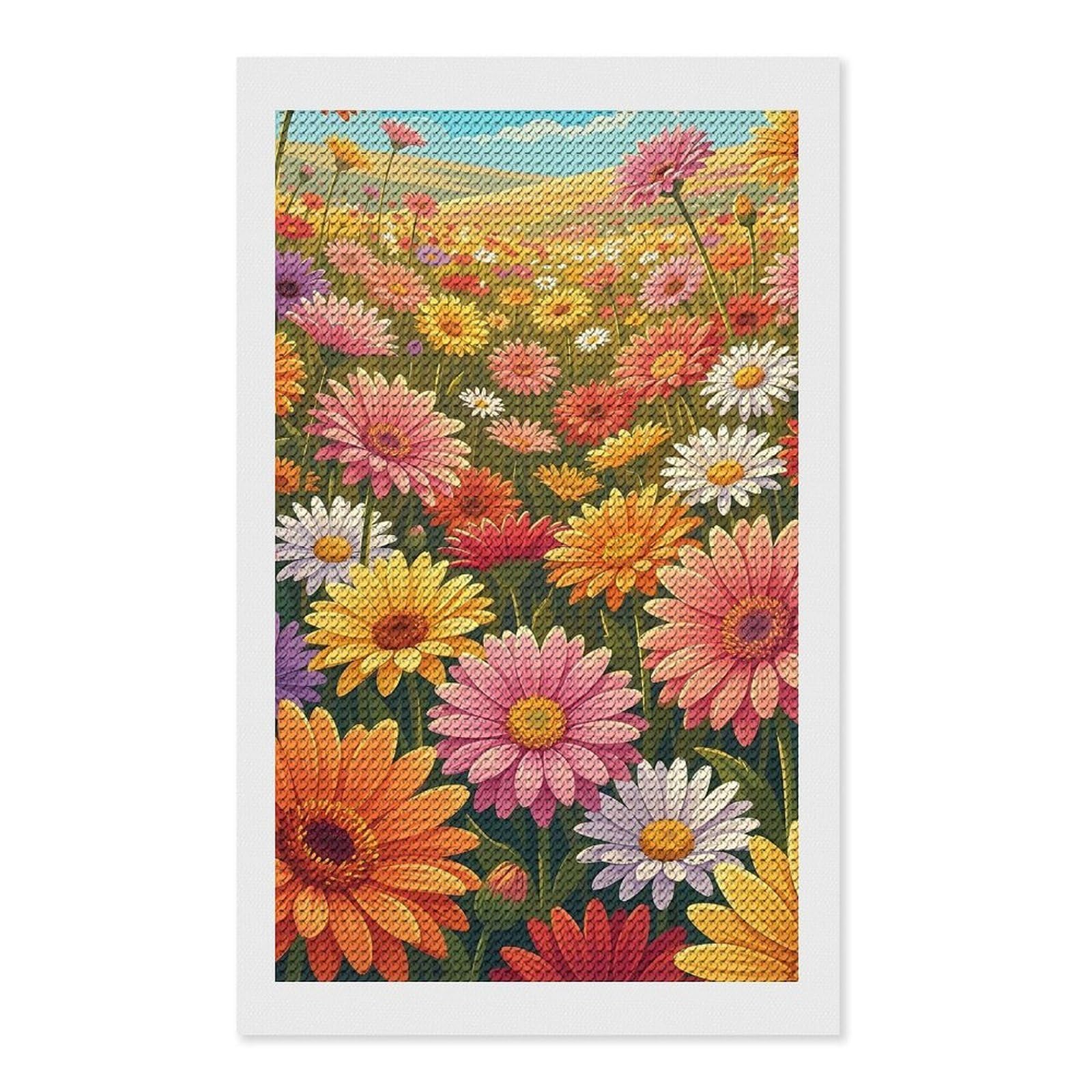 Junmoney Vibrant Field of Gerbera Daisies Diamond Art Kit 12"x20", Vintage Style Decor, Stress Relief Craft, Decor Project, Relaxing DIY, Creative Hobby