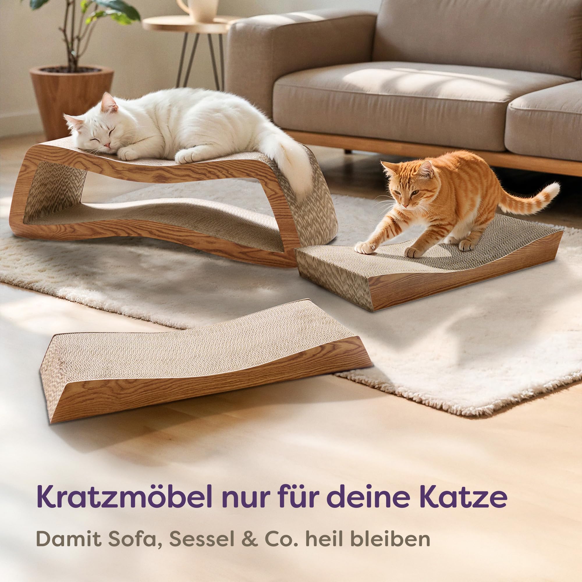 Knupis Kratzmöbel Kratzbrett Katze 3-teilig XXL 75cm – Besonders Kratzfeste Kratzpappe zur Krallenpflege – Bis zu 2 Jahre Kratzspaß – Platzsparend – Schutz für Sofa und Möbel (Mountain) (Braun)