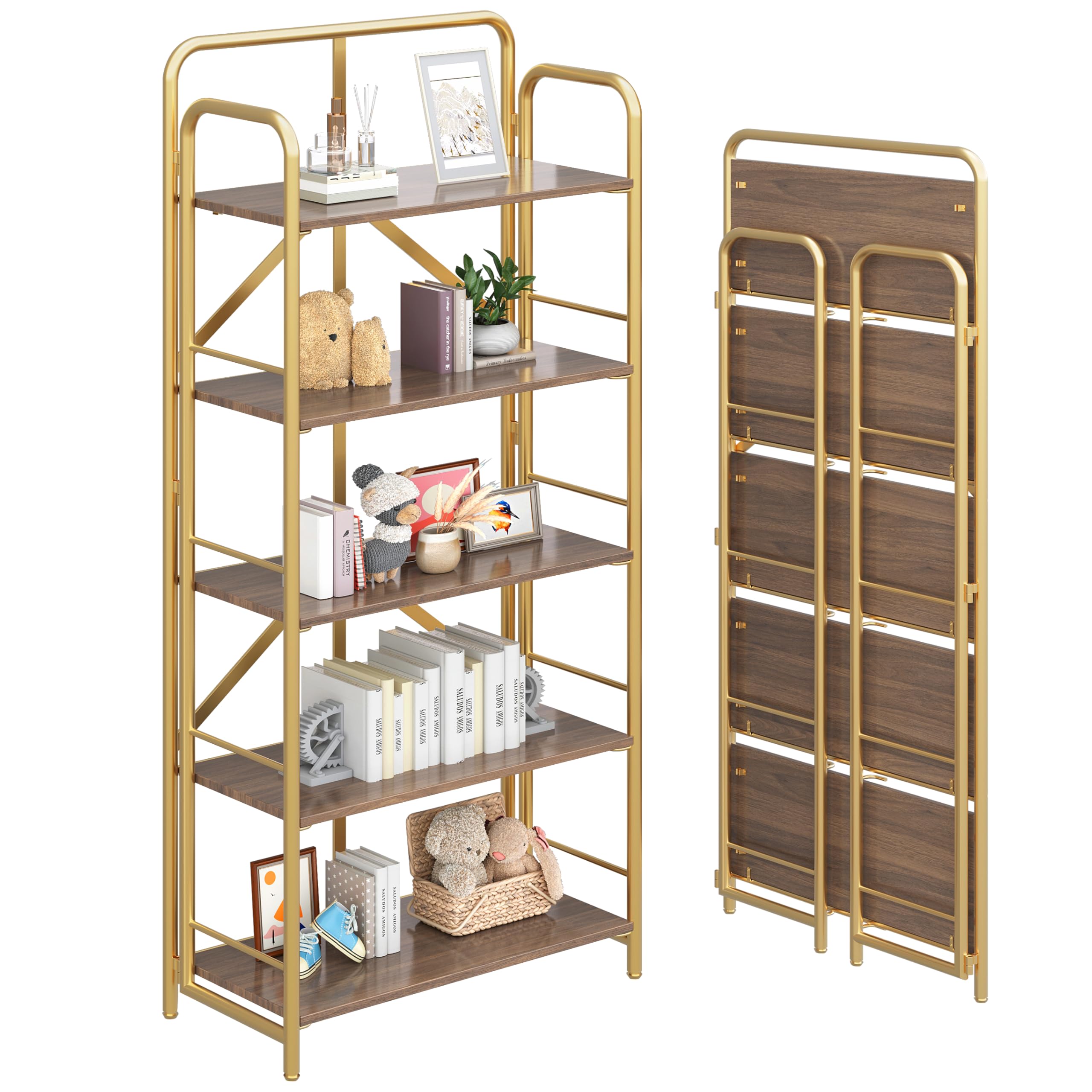 4NM No Assembly Folding Bookshelf, 5 Tiers Collapsible Book Shelves Open Industrial Foldable Storage Bookcase Shelf for Bedroom, Living Room, Home