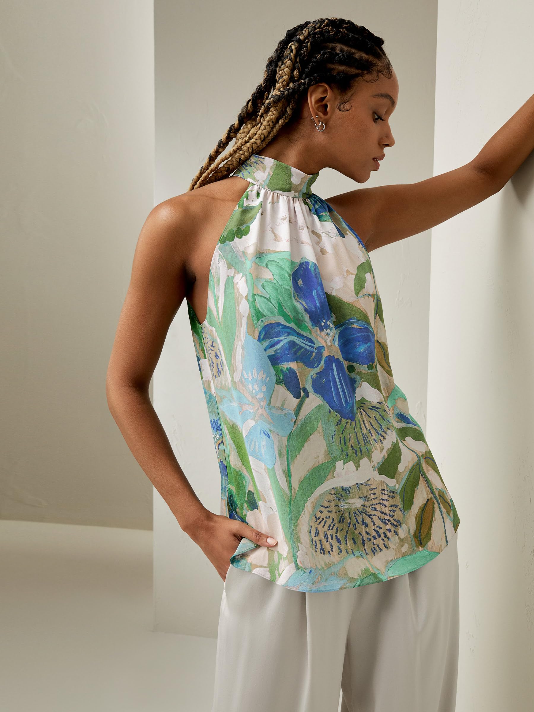 LilySilk Damen Reine Seidenbluse, ärmelloses Halftertop aus Crêpe de Chine mit Blumendruck für Urlaubspartys