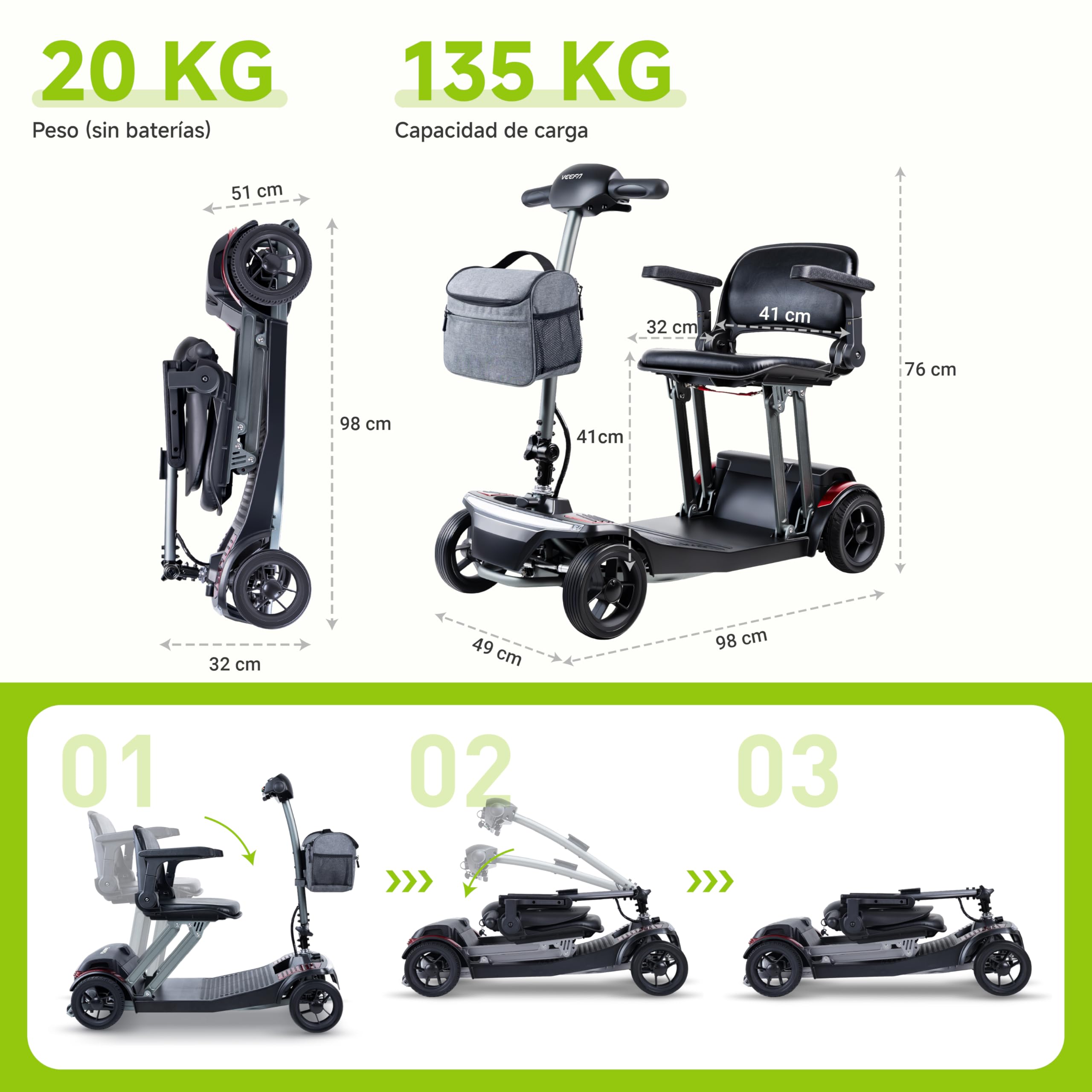 VEEFA Scooter eléctrico adulto 4 Ruedas, Construcción Ligera 20kg | 30km Autonomía 6km/h, Vehículo Eléctrico de Aluminio para Coche/Avión/Tren, Puerto USB, Scooter Minusvalidos