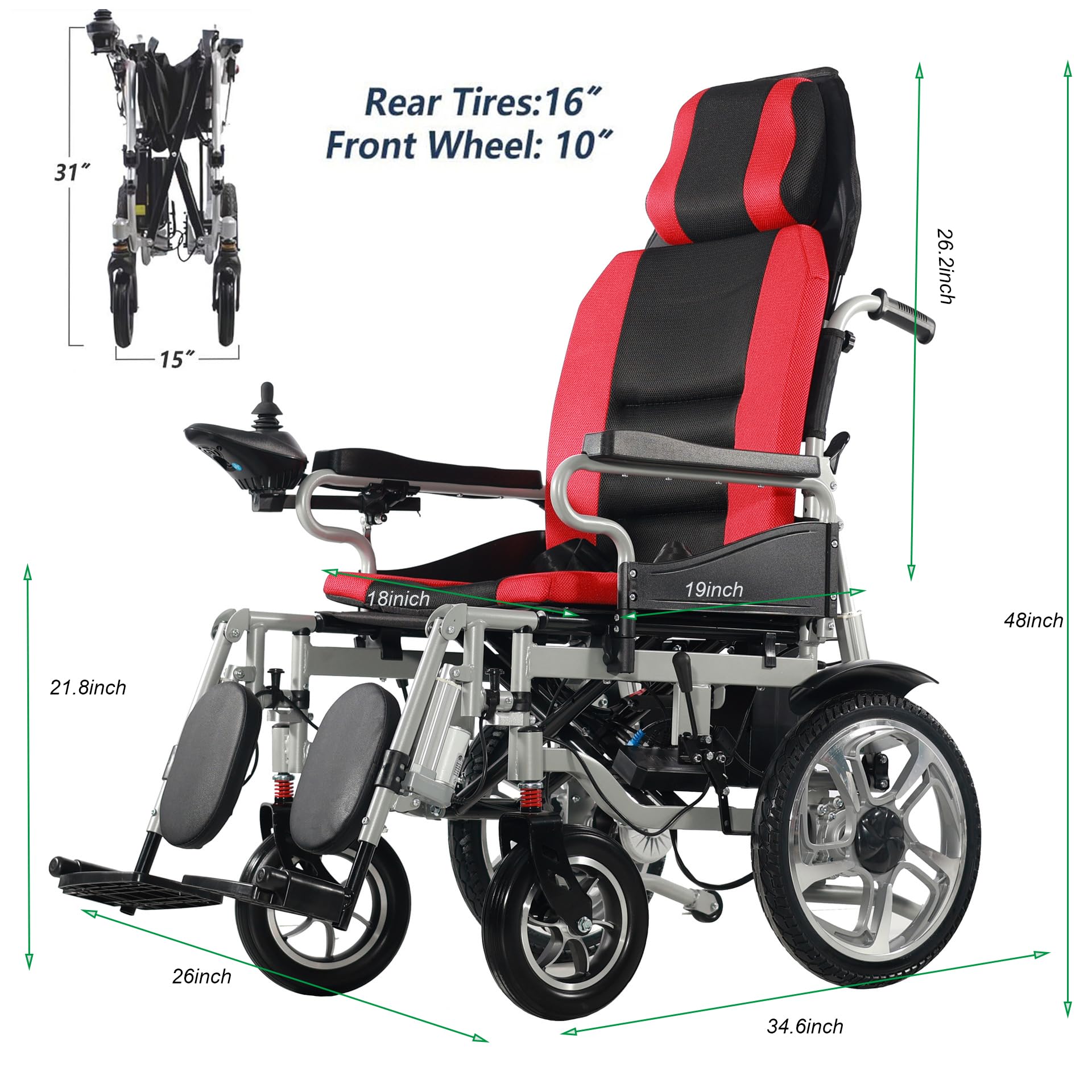 Silla de ruedas eléctrica plegable reclinable con control remoto para adultos, con potencia de 500 W, asiento ergonómico, batería de larga duración de 20 AH y ajuste de ángulo de hasta 150 kg.