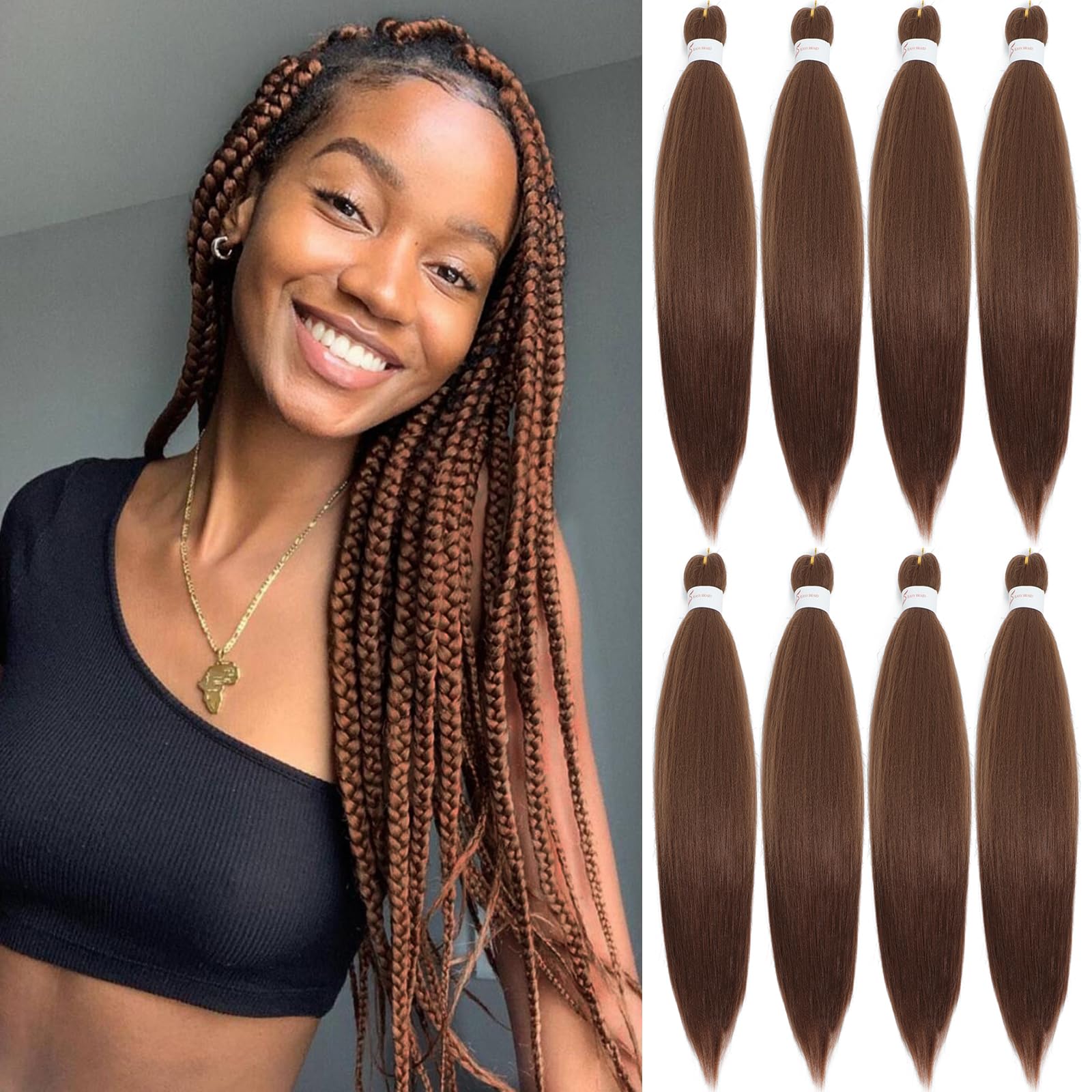 Pelo trenzado preestirado de 76 cm, paquete de 8 extensiones de cabello trenzado, sin picazón, textura Yaki suave, ajuste de agua caliente, trenzas sintéticas de ganchillo para mujeres y niñas (76 cm