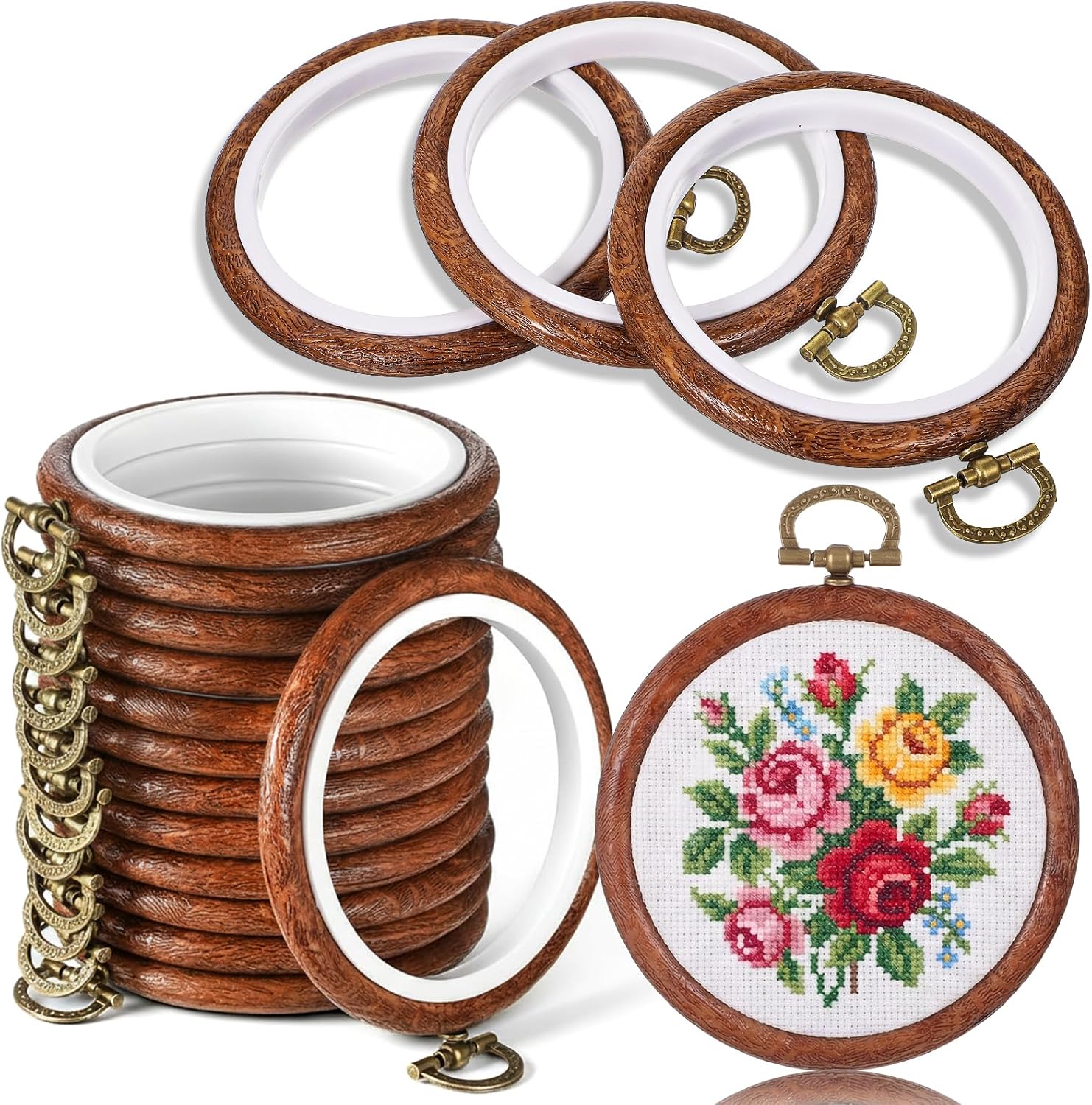 Kegeeei 18 Pcs 3 Inch Round Embroidery Hoops, Imitated Wood Cross Stitch Hoop Display Frame Circle for DIY Craft Sewing Hanging Ornaments