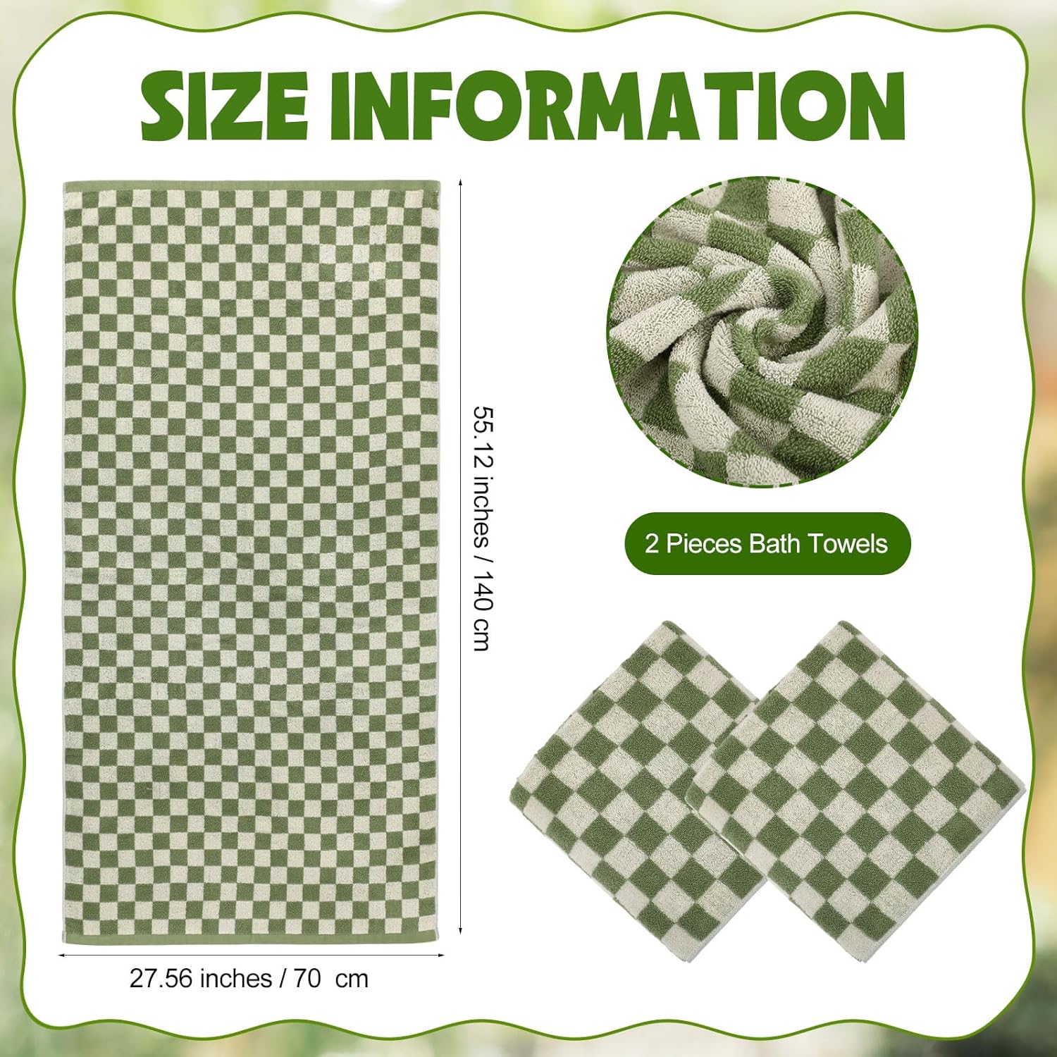 Breling 2 Pcs Checkered Large Bath Towels Bulk 55.12 x 27.56 Inches Soft Cotton Absorbent Retro Bath Towels for Bathroom Spa Shower Gifting Hotel Gym Beach Pool Body Drying(Green) - Image 2