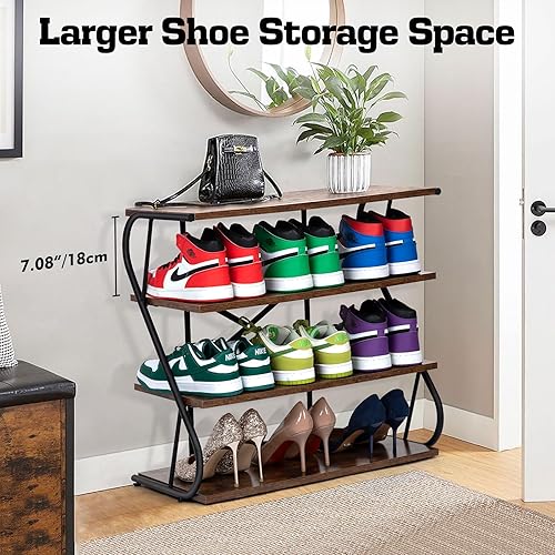 Miniatura 8 de AOHMPT Zapatero de 4 niveles, estante organizador de zapatos que ahorra espacio, estante de almacenamiento de zapatos de metal con tablero de madera