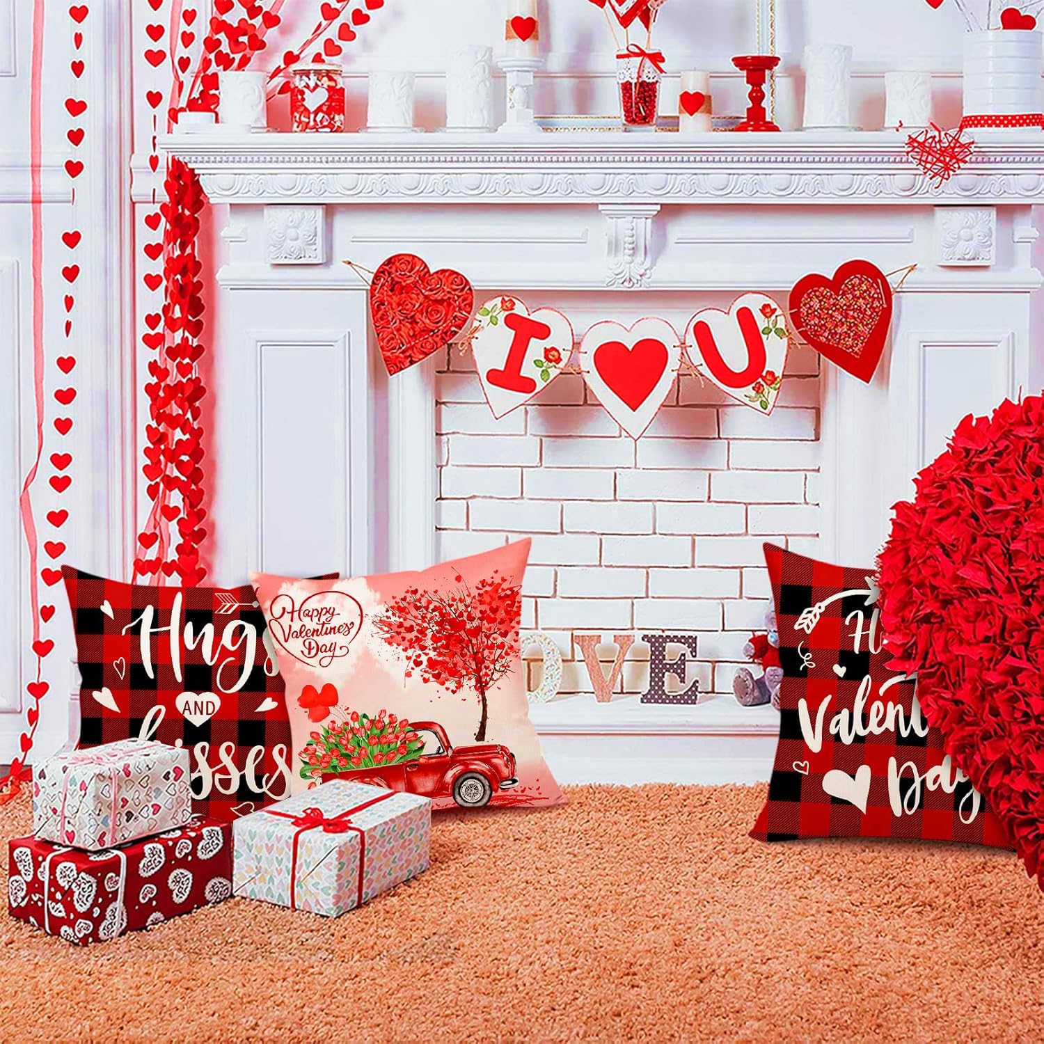 Valentines Day Pillow Covers 18x18 Inch Set of 4, Happy Valentines Day Couch Throw Pillow Covers, Truck Flower and Love Bicycle Valentines Pillow Buffalo Plaid Cotton Linen Cushion Case for Home Decor : Home & Kitchen