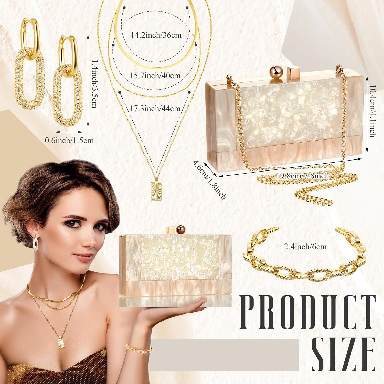 4 Pcs Acrylic Clutch Bag for Women Evening Handbag Gold Layered Necklace Bracelet Earrings Set for Wedding Party - Image 2