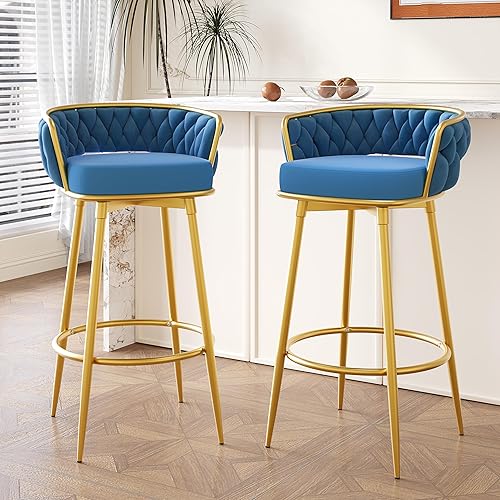 Miniatura 8 de Juego de 2 taburetes de bar giratorios de altura de mostrador, taburetes de barra gris con respaldo tejido y patas de metal dorado, modernas sillas