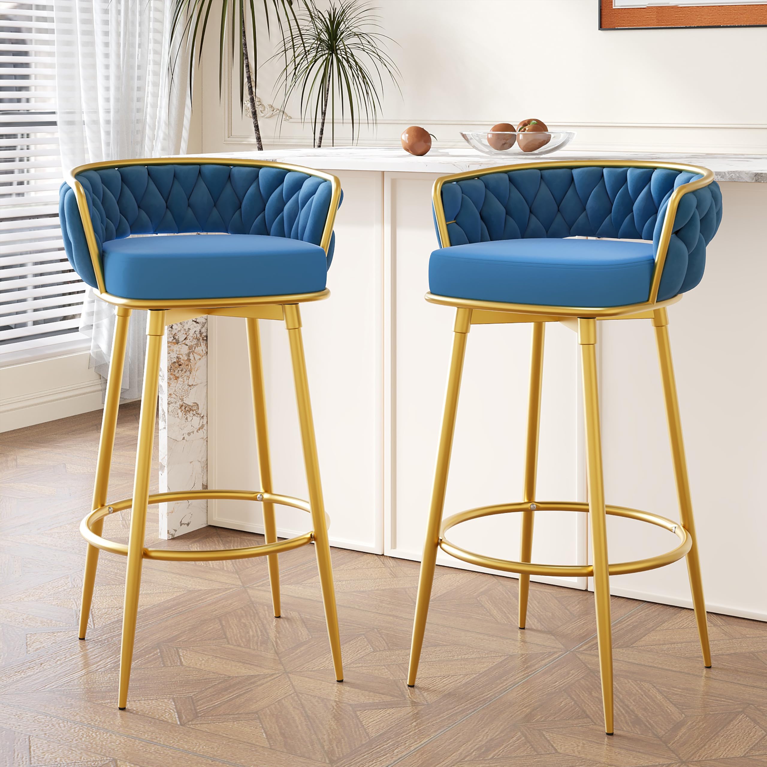 Swivel Counter Height Bar Stools Set of 2, 31.5" Modern Upholstered Kitchen Chairs with Hand-Woven Backrest and Gold Metal Legs, Blue Velvet