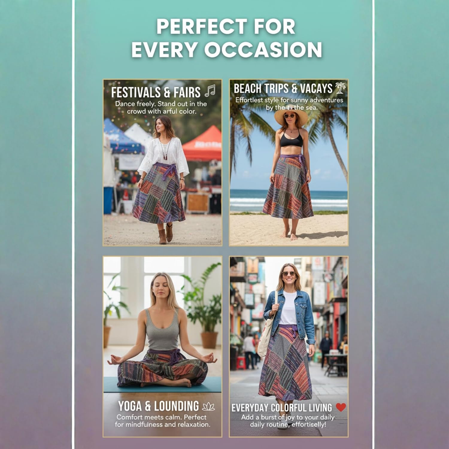 Shopoholic Fashion Wrap Round Hippie Festival Knee Length Patchwork Boho Long Skirt Multicoloured - Image 4