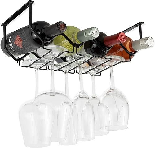 Wallniture Piccola - Estante de vino para debajo del gabinete y soporte para vasos, organización de cocina con organizador de 4 botellas, metal negro