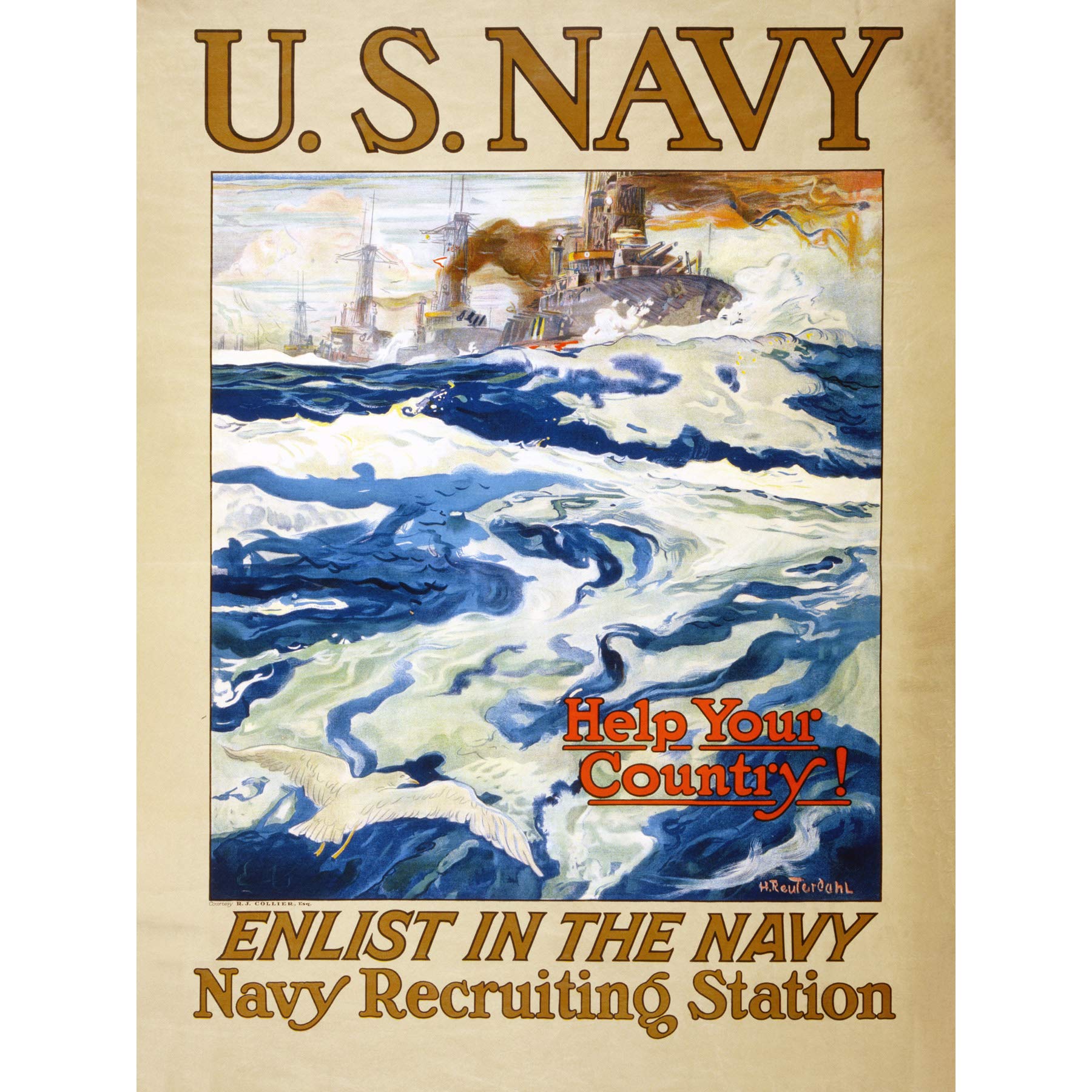 Reuterdahl USA Navy Recruitment WWI War Advert Large Wall Art Print Canvas Premium Mural