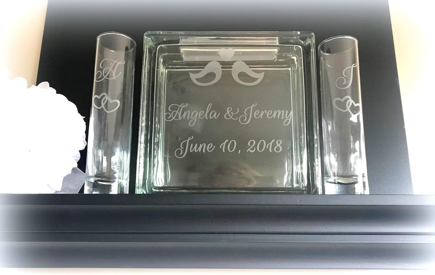 Large Glass Block Laser Engraved Sand Ceremony Unity Set with Crystal Sand