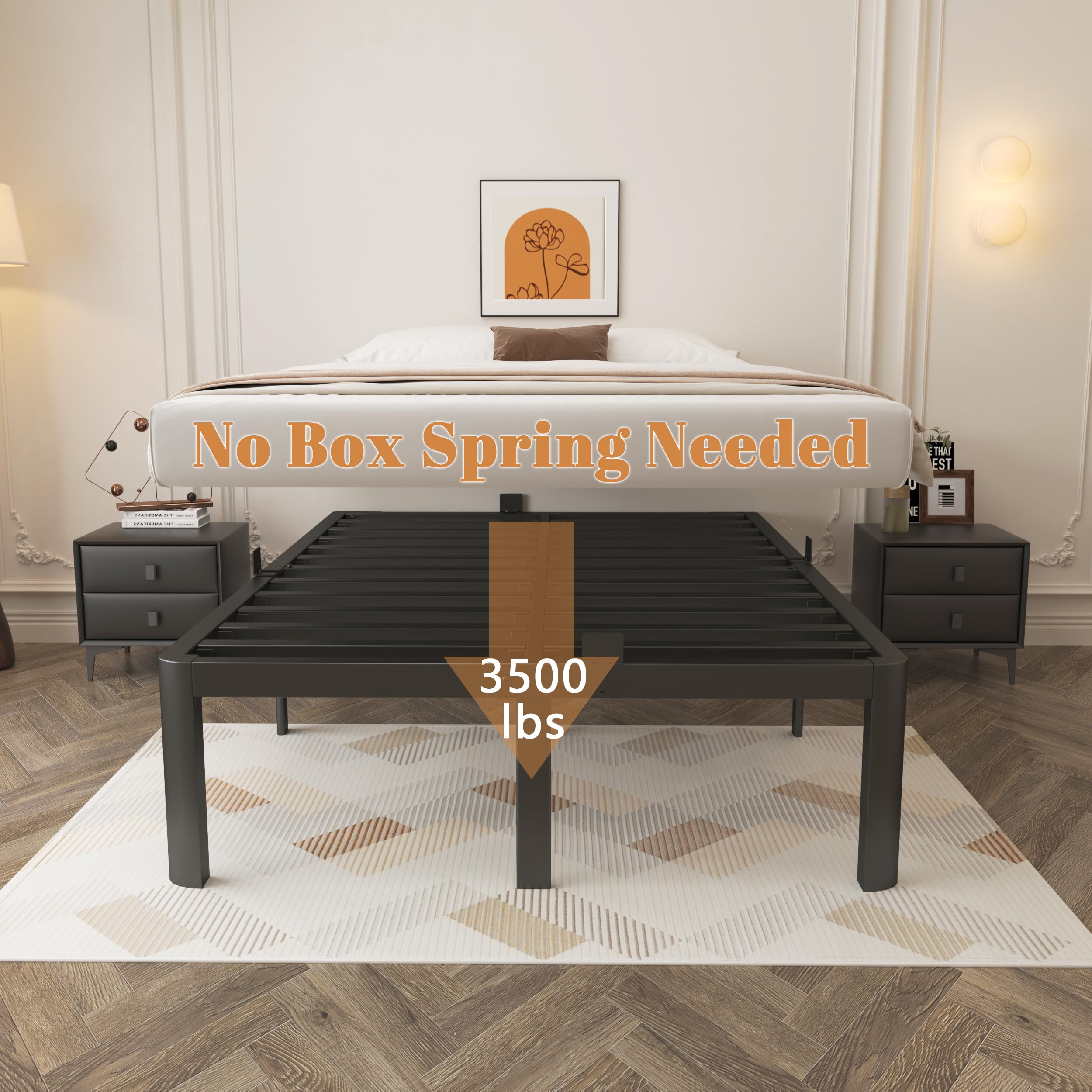 Base de cama de tamaño matrimonial de 16 pulgadas, marco de cama matrimonial negro con deflectores antideslizantes, no necesita somier, soporte de plataforma de acero resistente, patas de 4
