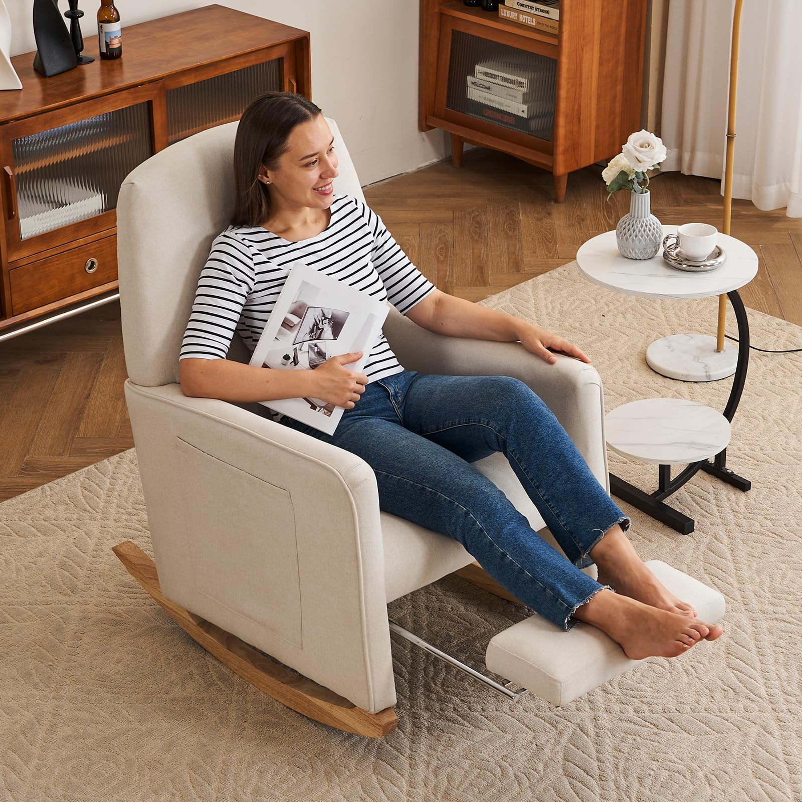 ALAKFORM Rocking Chair Nursery with Foot Rest, Nursing Rocking Chair with High Backrest, Glider Rocker Chair for Living Room, Bedroom, Nursery(Cotton