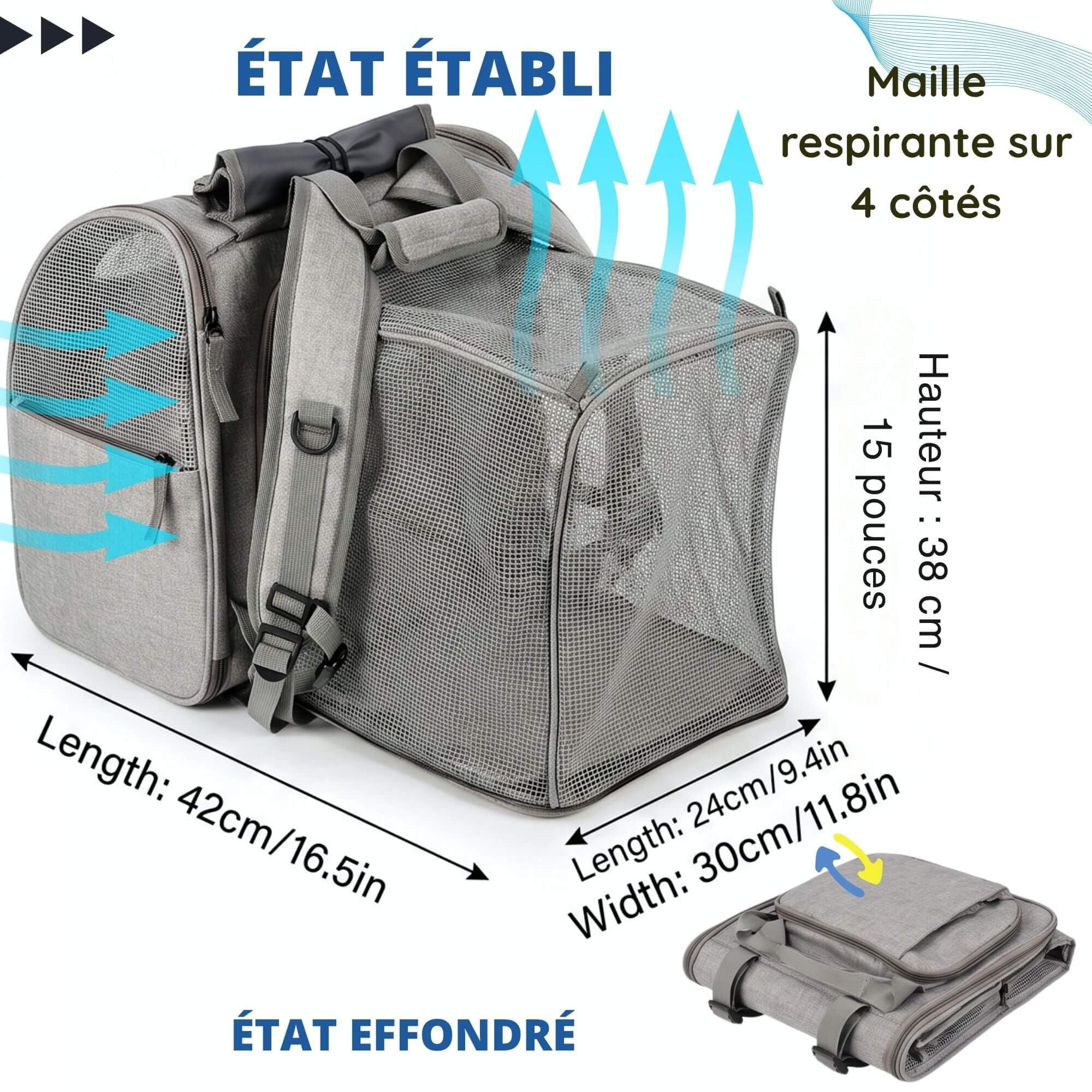 SOLDAY Sac Transport Chat Extensible Pliable, Fenêtre Respirante, Avion | Convient chats et petits chiens jusqu'à 8kg, pliable à plat, maille respirante, dimensions 45x22x26cm, homologué cabine avion