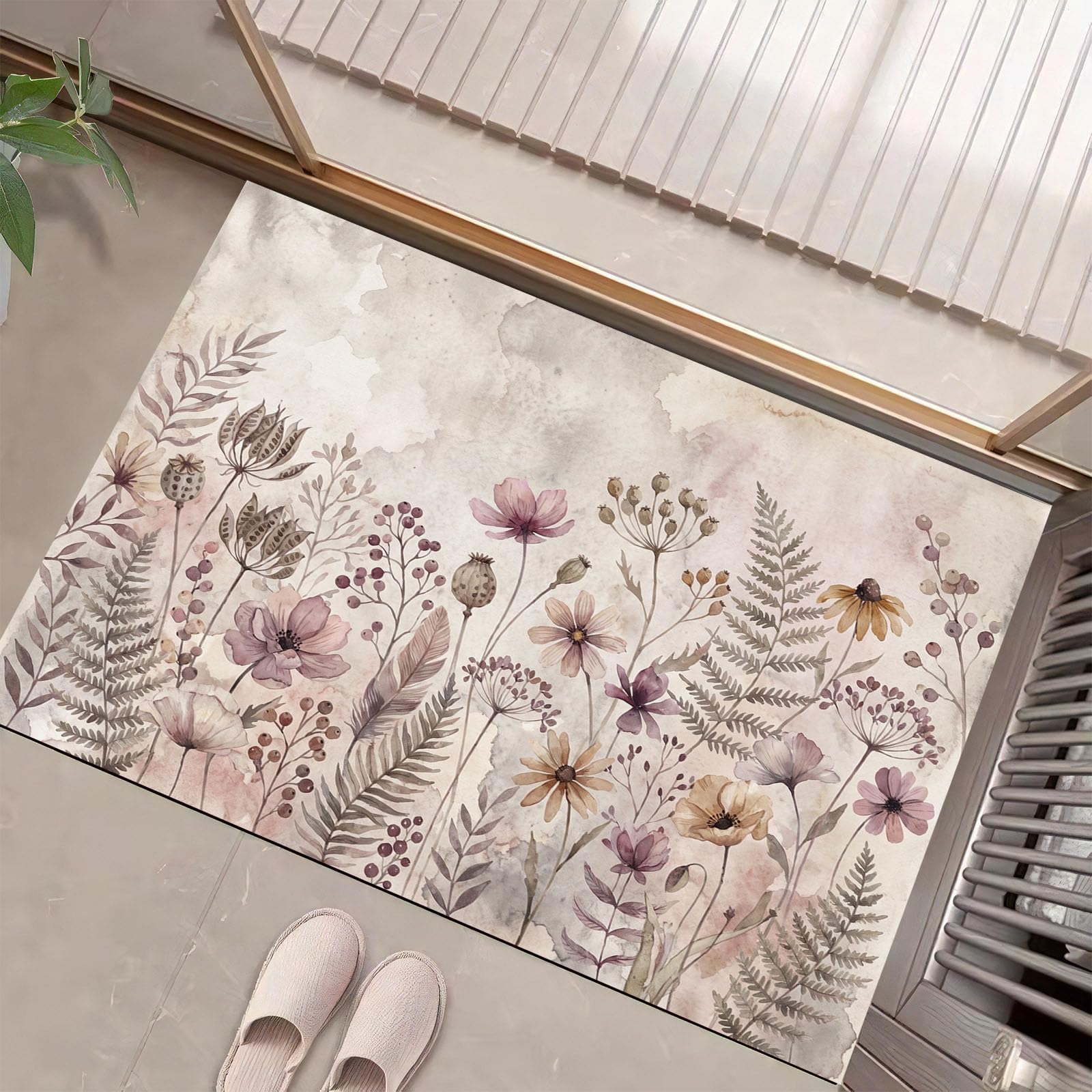 Teppich,80 x 120 cm, Heimdekoration, Eingangsteppich,Aquarellpflanzen Fußmatte, Badematten für Badezimmer, ultradünn, rutschfest,Wildblumen Farne, niedriger Flor, Wannenmatte für Waschbecken, Tür