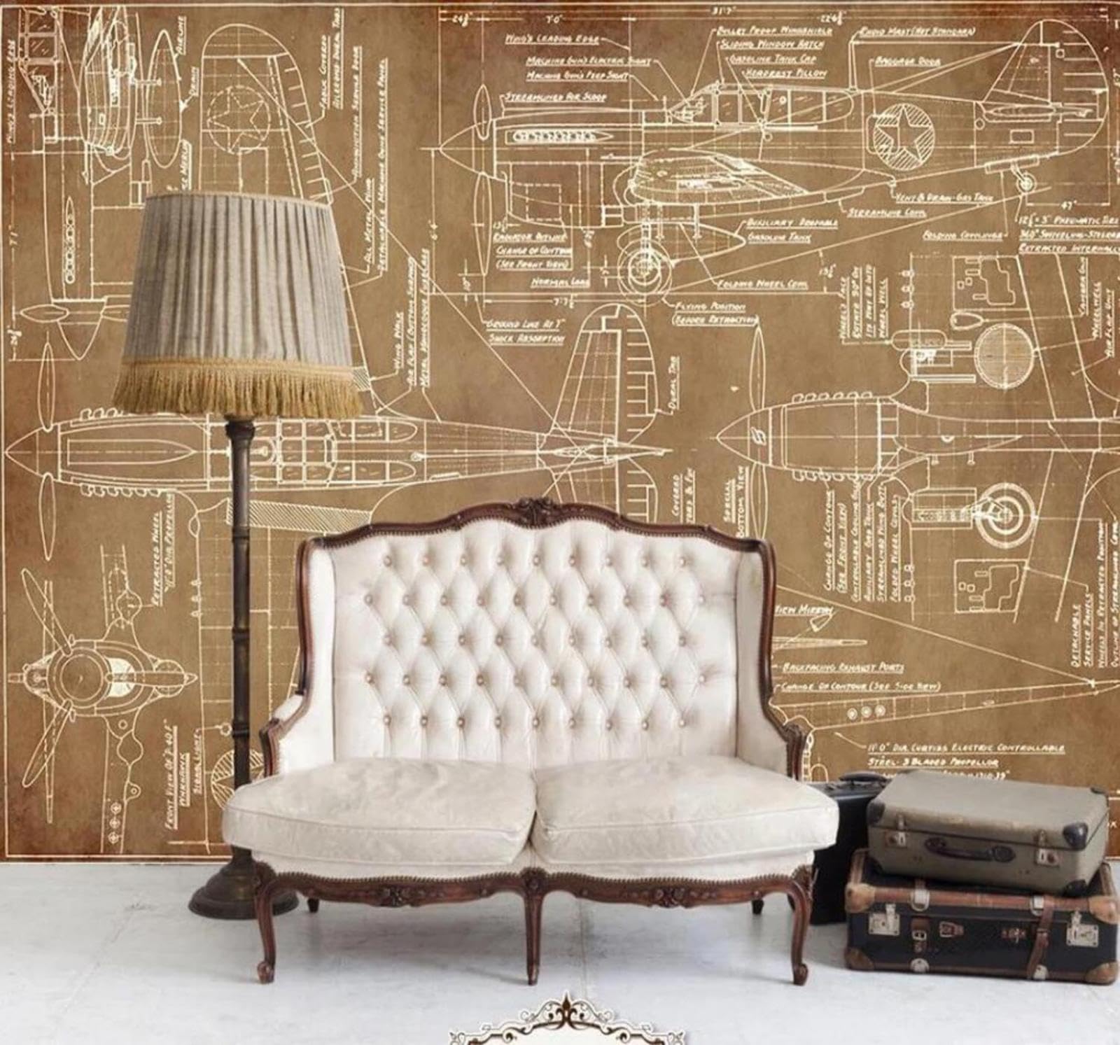 Tzxztt Creative Aeroplane Design People Retro Workwear Modern 3D Wallpaper Premium Textured Silk Neutral Tones Material Ideal for Living Room Bedroom-350cm×256cm