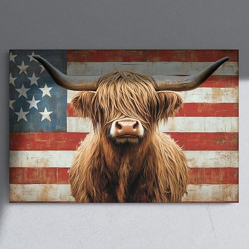 Miniatura 7 de JDBeehpy Arte de pared de vaca de las tierras altas de granja, bandera americana, sin marco, póster patriótico para el Día de la Independencia del 4