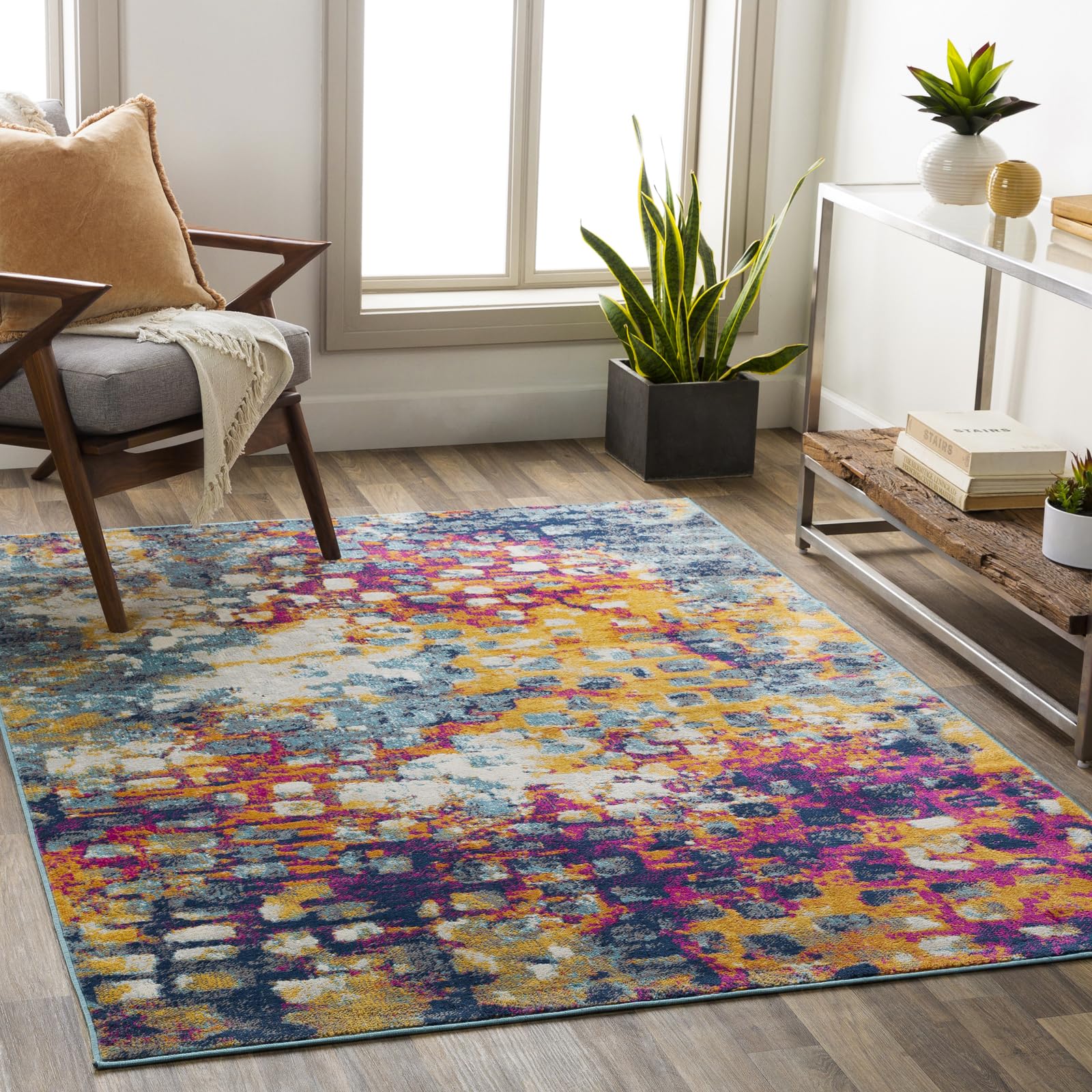 Livabliss Palma Vintage - de Salon, Salle à Manger, Chambre, Cuisine - Boheme Chic, Design Traditionnel Oriental Multicolore, Coloré Poil Court 100x153 cm - Bleu, Moutarde