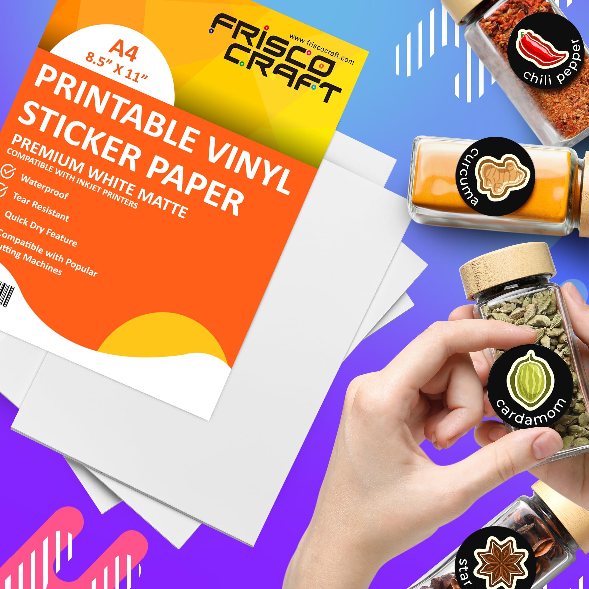 Frisco Craft Papel adhesivo de vinilo imprimible de alta calidad para impresoras de inyección de tinta, mate, 8.5 x 11 pulgadas (A4), resistente al agua, duradero, hojas fáciles de despegar para