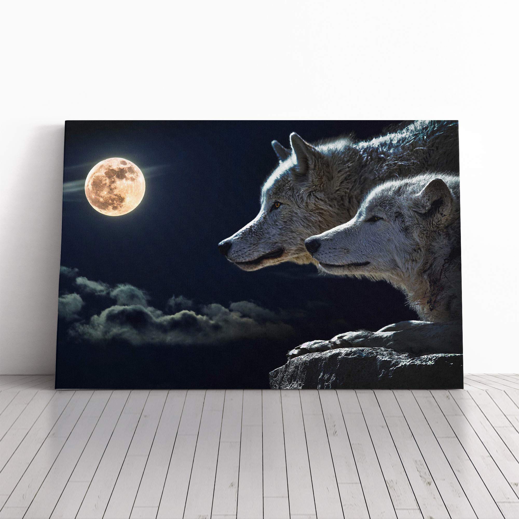 Wolf Wolves and Moon Canvas Print | Gallery Wrapped 30mm Frame Wall Art | 30x20 inches | Ready to Hang | Contemporary Space Picture | Living Room Bedroom Lounge Office