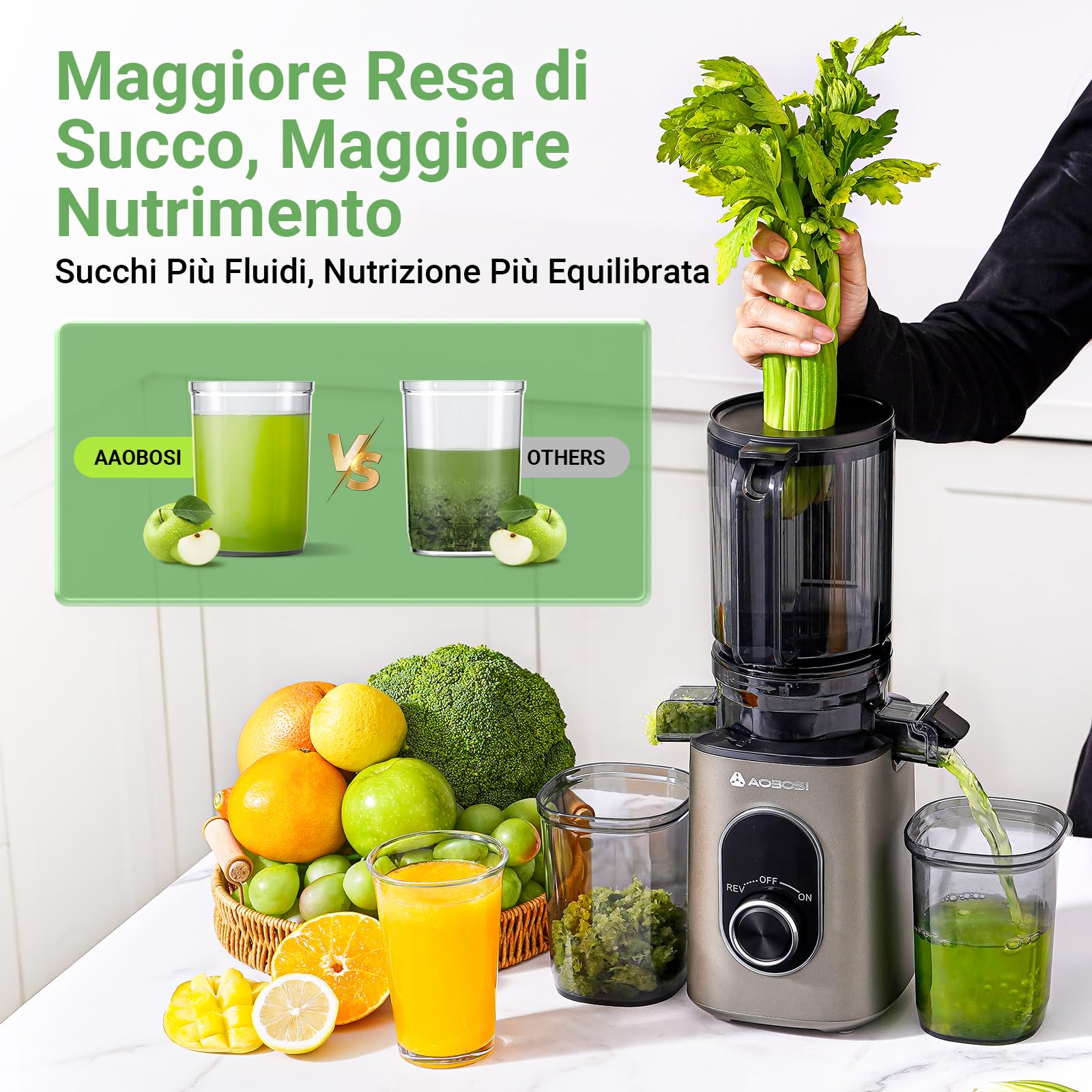 AAOBOSI Juicer Slow Estrattore Frutta e Verdura, 110mm Estrattore Di Succo, Elevata Resa di Succo, con Funzione di Inversione, Facile da Pulire, Senza BPA, Adatto per Frutta e Verdura
