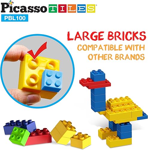 Miniatura 3 de PicassoTiles Juego de 100 piezas de bloques de construcción de ladrillos de construcción grandes, juego de ladrillos STEM, juego de aprendizaje