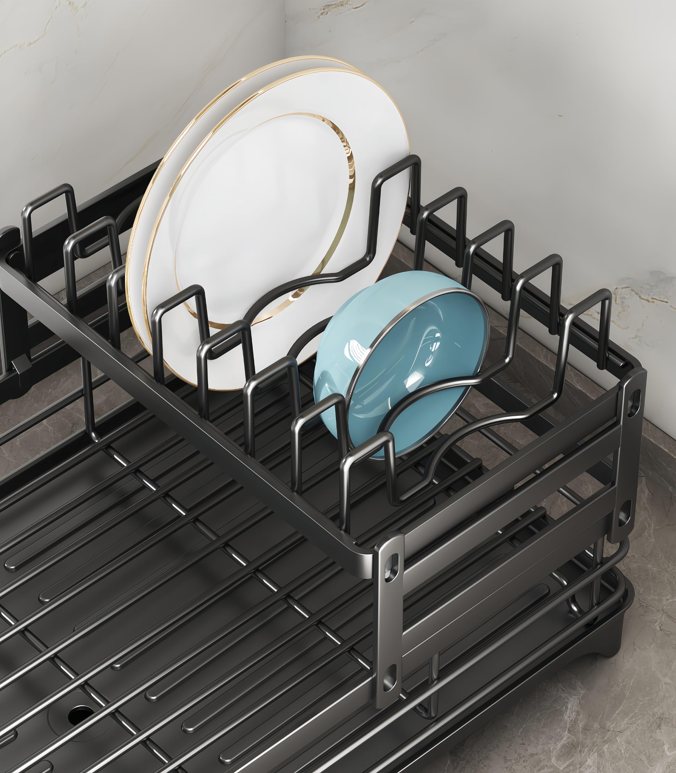 Égouttoir à vaisselle à 2 niveaux, égouttoir à vaisselle avec planche d'égouttement, support d'évier de cuisine en acier inoxydable avec ustensiles et planche à découper, noir
