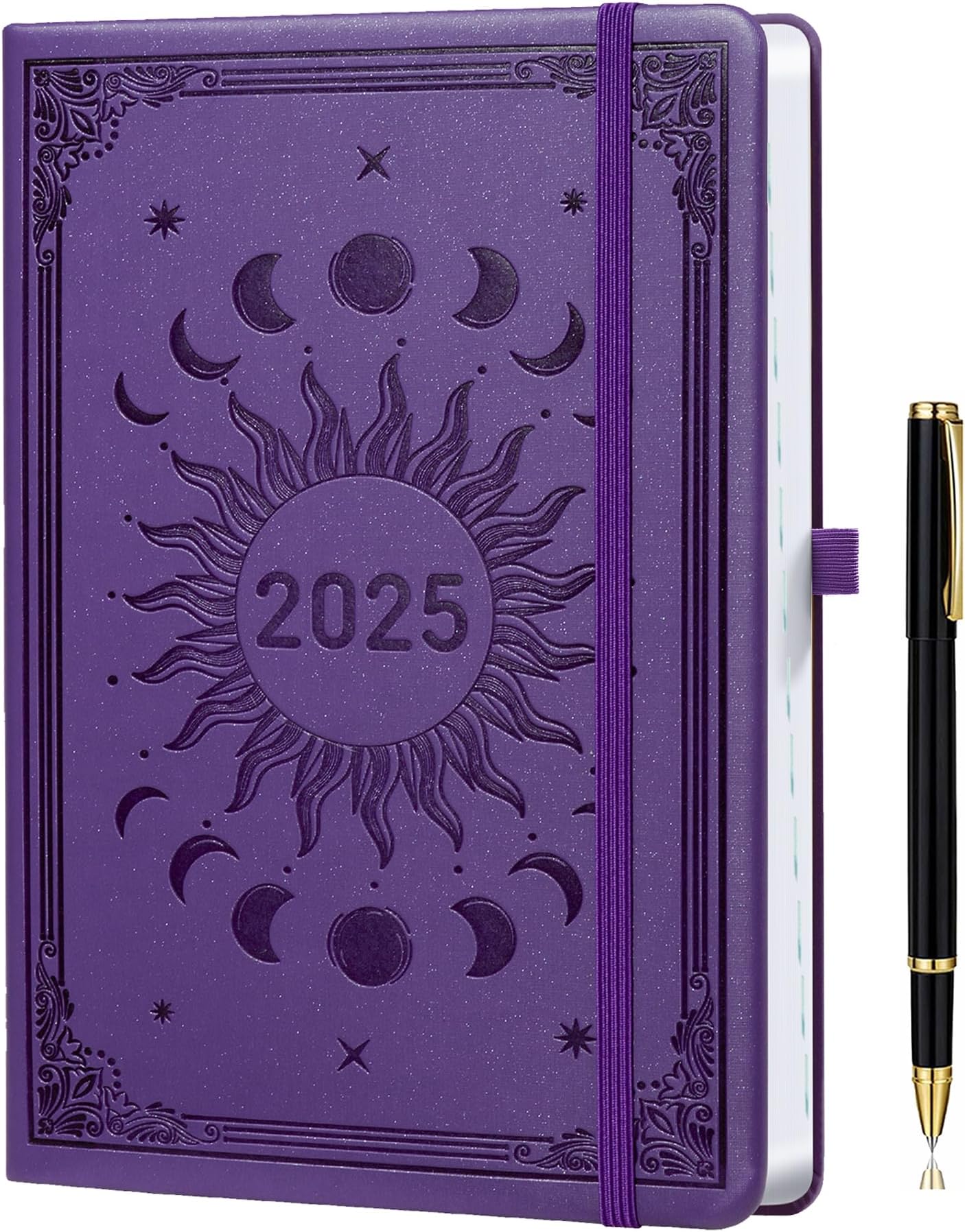 Diary 2025 A5 Page a Day, Jan-Dec, Full Year Planner with Monthly View | Pen Set | Monthly Tab | 2 Bookmarks | Hard Cover | Fine Inner Pocket, 5.9" × 8.5" - Purple