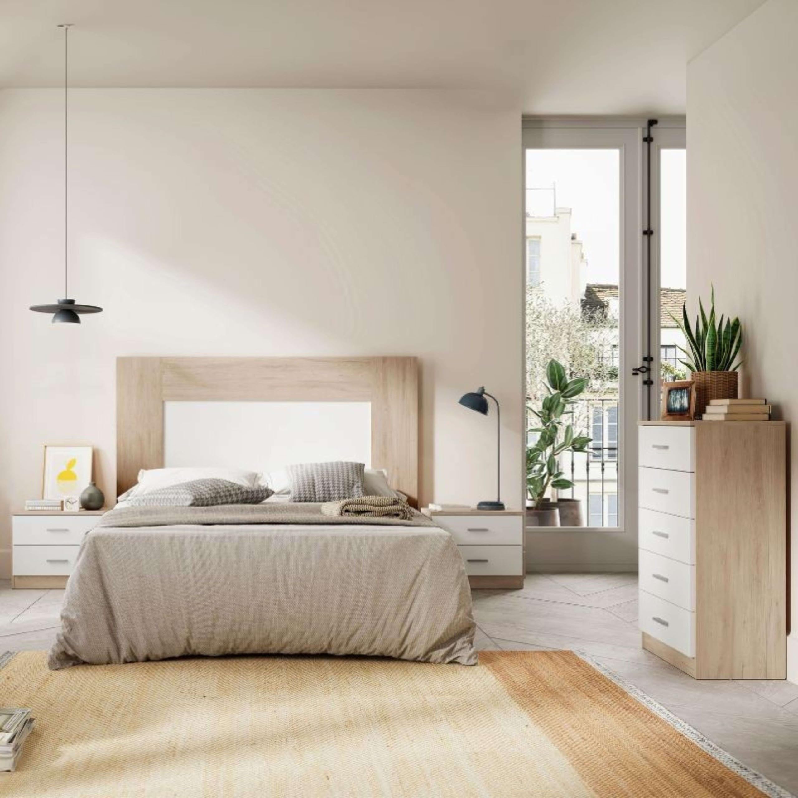Miroytengo Pack Muebles Dormitorio con cabecero, cómoda y mesita Noche 2 cajones en Blanco Mate y Sahara