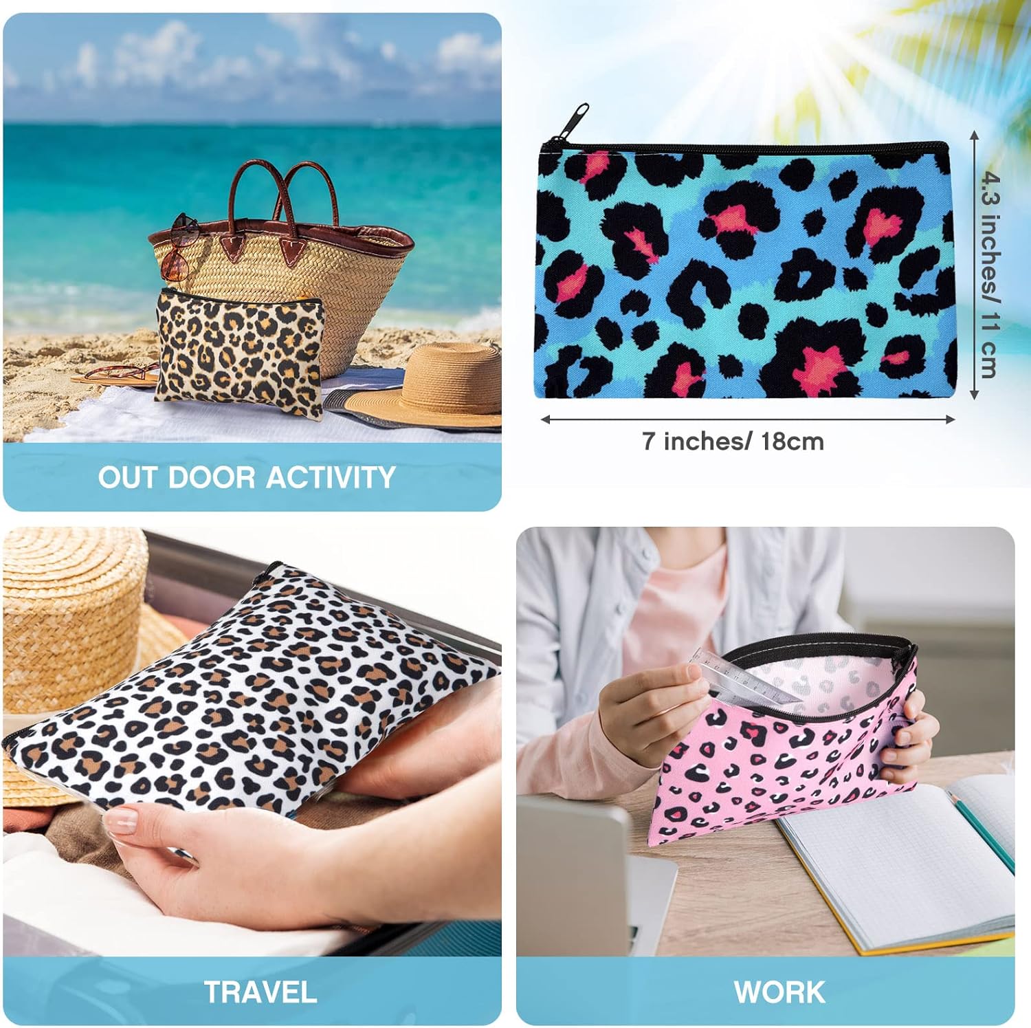 Reginary 20 Pieces Cosmetic Bag for Women, Roomy Makeup Bags with Zipper Toiletry Bag Pouch Travel Accessory Organizer Gifts, 7 x 4.3 Inches(Leopard) - Image 3